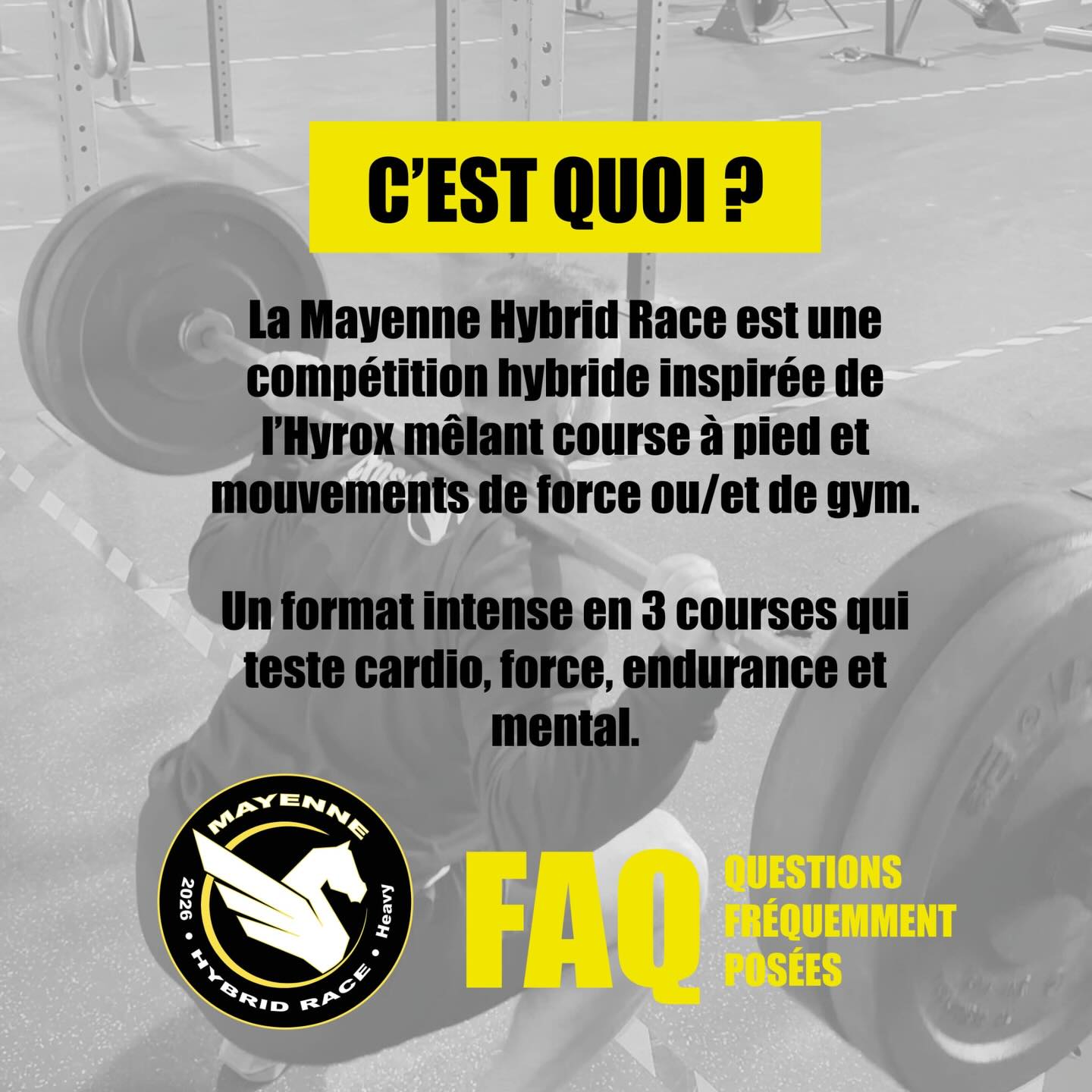 ❓ Vous n’êtes pas encore inscrit à la Mayenne Hybrid Race ?
Vous hésitez peut-être parce que certaines questions restent sans réponse. Pas de souci : ce post est là pour ça !
👉 Retrouvez ci-dessous les réponses aux questions les plus fréquemment posées par les athlètes.
Et si vous ne trouvez pas l’information que vous cherchez, je reste bien entendu disponible pour vous répondre par message ou par téléphone.
📲 N’hésitez pas à partager ce post et à le mettre en story pour challenger vos amis et votre famille 💥
🎁 Et si ce n’est pas encore fait, la Mayenne Hybrid Race peut aussi être une excellente idée de cadeau de Noël : un défi, une expérience et des souvenirs à la clé !
🤝 Pas encore de binôme pour la course ?
Pas d’inquiétude ! N’hésite pas à nous contacter : nous ferons le maximum pour te mettre en relation avec un autre athlète et te créer un binôme de choc 💥
À très vite sur la ligne de départ 💪