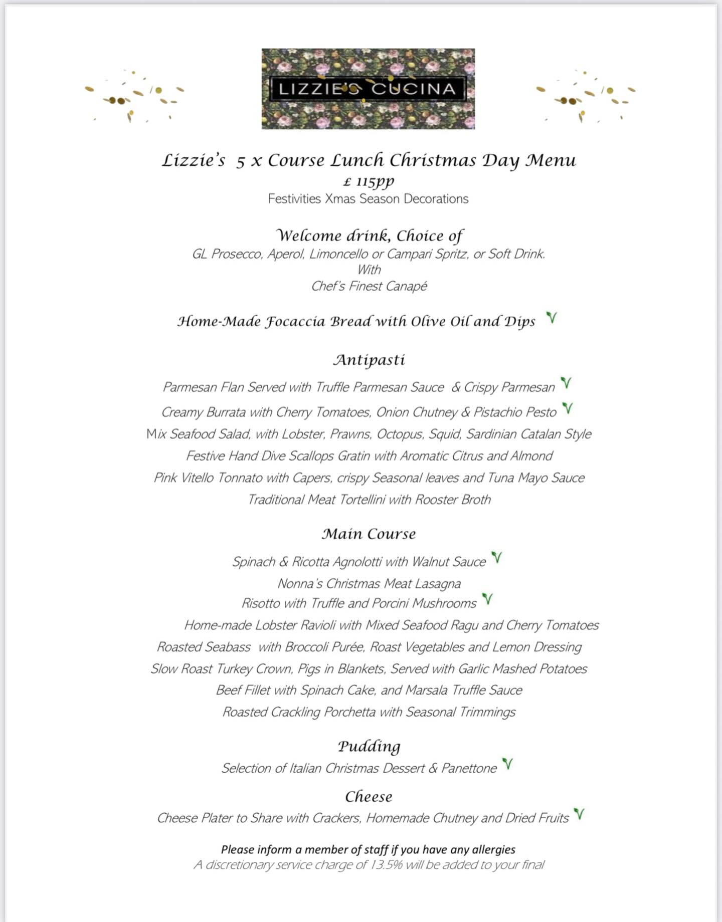 Our menu for Christmas Day at Lizzie’s Cucina #christmas #menu #northlondon #hiddengems #italianfood #winelovers❤️ #oakwood #n14 #timeoutlondon #enfield ♥️🥂🍾💃