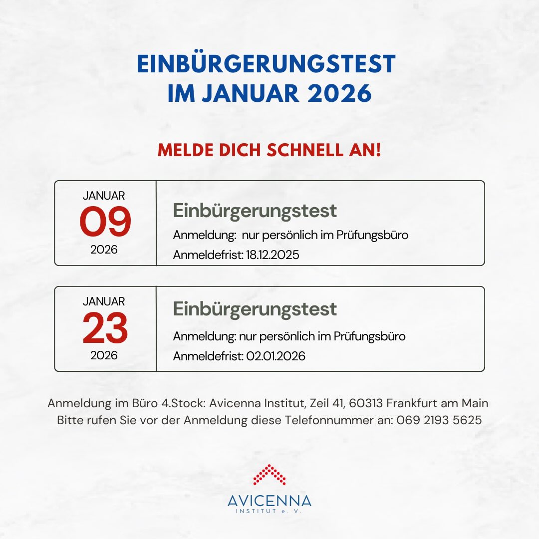 Neue Termine fĂźr den EinbĂźrgerungstest verfĂźgbar đ
â¨
đŠ DM fĂźr Infos
#EinbĂźrgerungstest #Vereinsinfo #Integrationâ