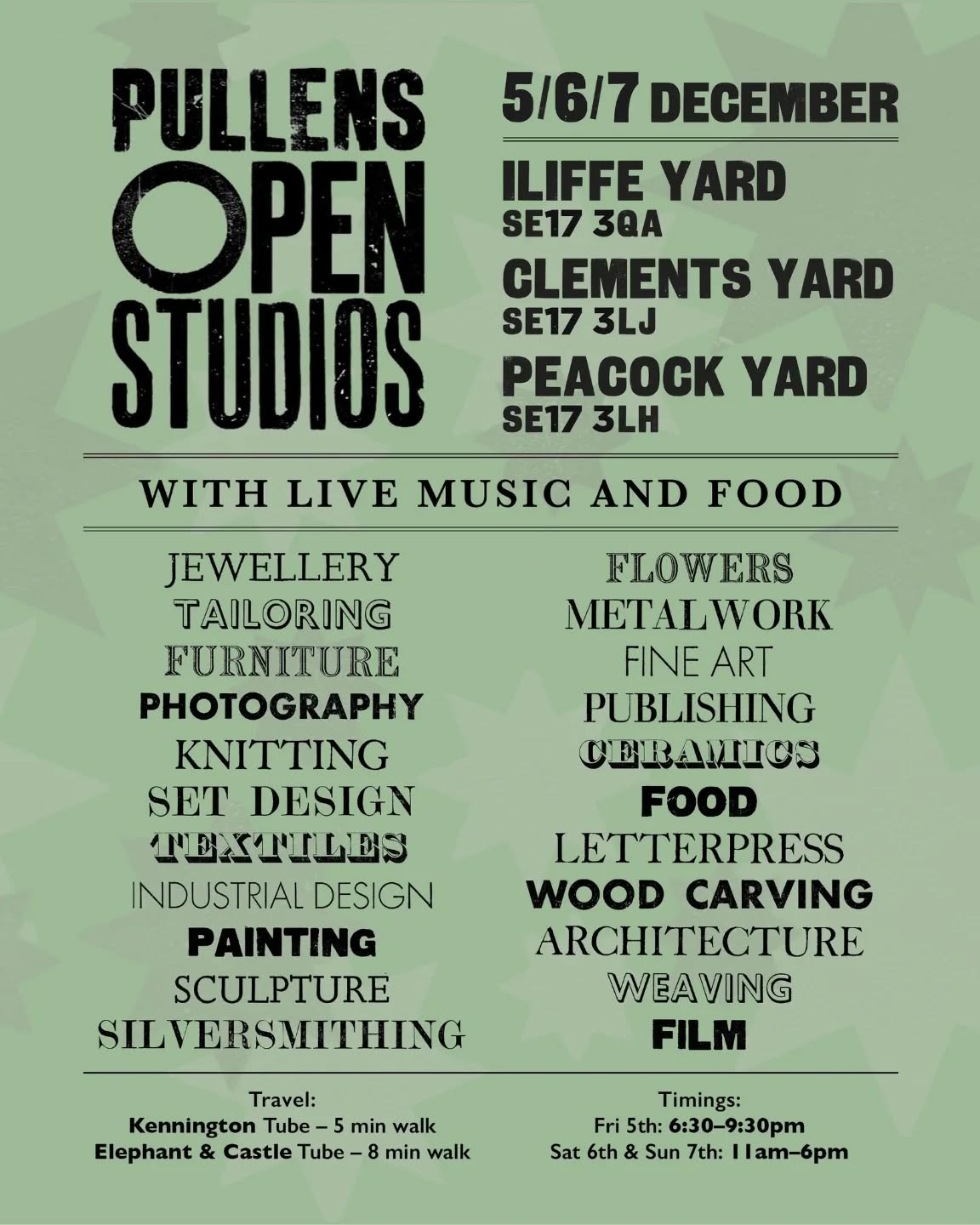 It’s that time of year again Pullens Yards is opening its doors for the public to explore!
5th, 6th & 7th December (next weekend!)
Friday
Join us for an open-house showcase of our co-working space, complete with mulled wine, mince pies, and DJs hosted by @musu.music.
Saturday & Sunday
The studio transforms into a pop-up store as @fitmeclothing_ldn takes over for the weekend.
We look forward to welcoming you!
19A Iliffe Yard
SE17 3QA