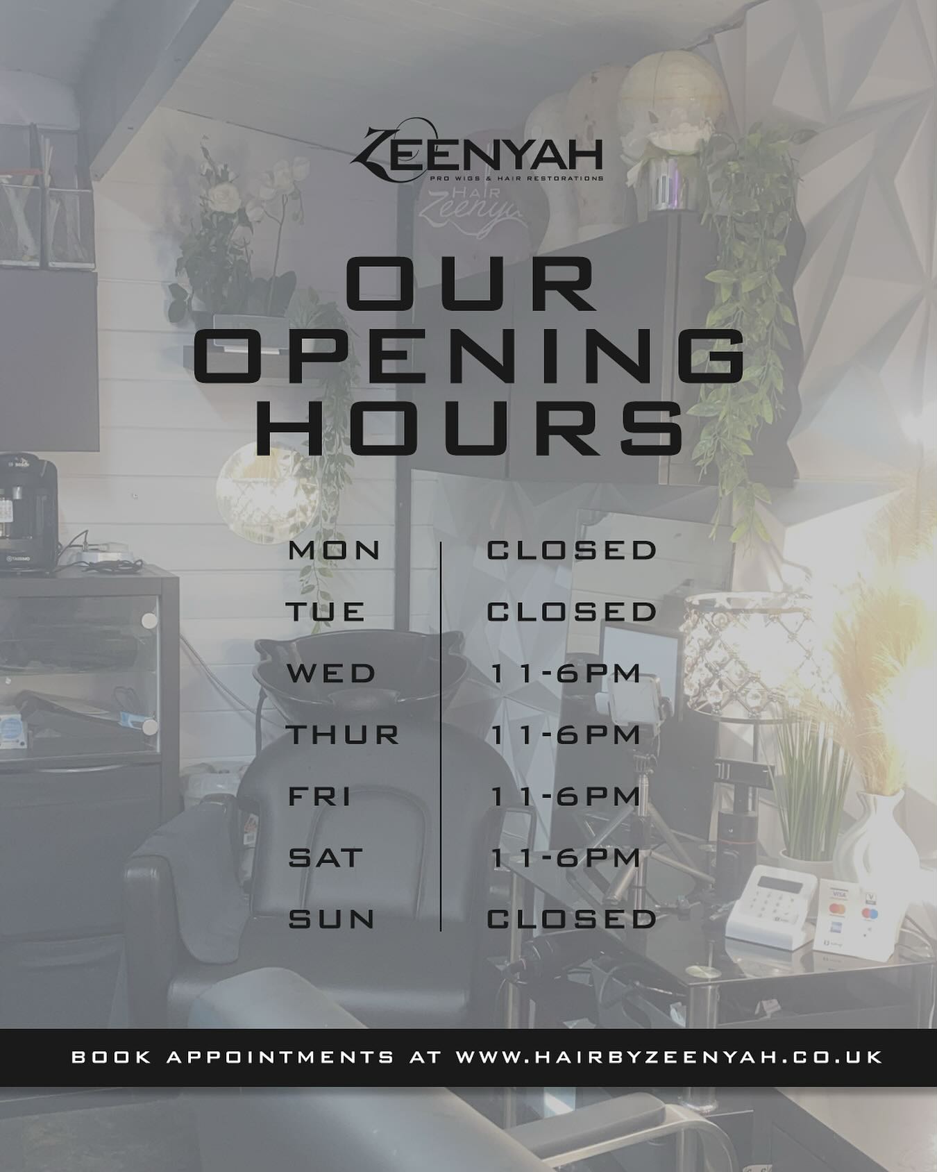 Our weekly opening hours
December slots are out visit HairbyZeenyah.co.uk to secure your appointment limited spaces
#zeenyah #wigs #londonhairstylist #wigmaker #industrialwigs #rawhair #lacefront #gluelesswigs #wembley #ukhairstylist #machinewigs #wigstyling #wigs
