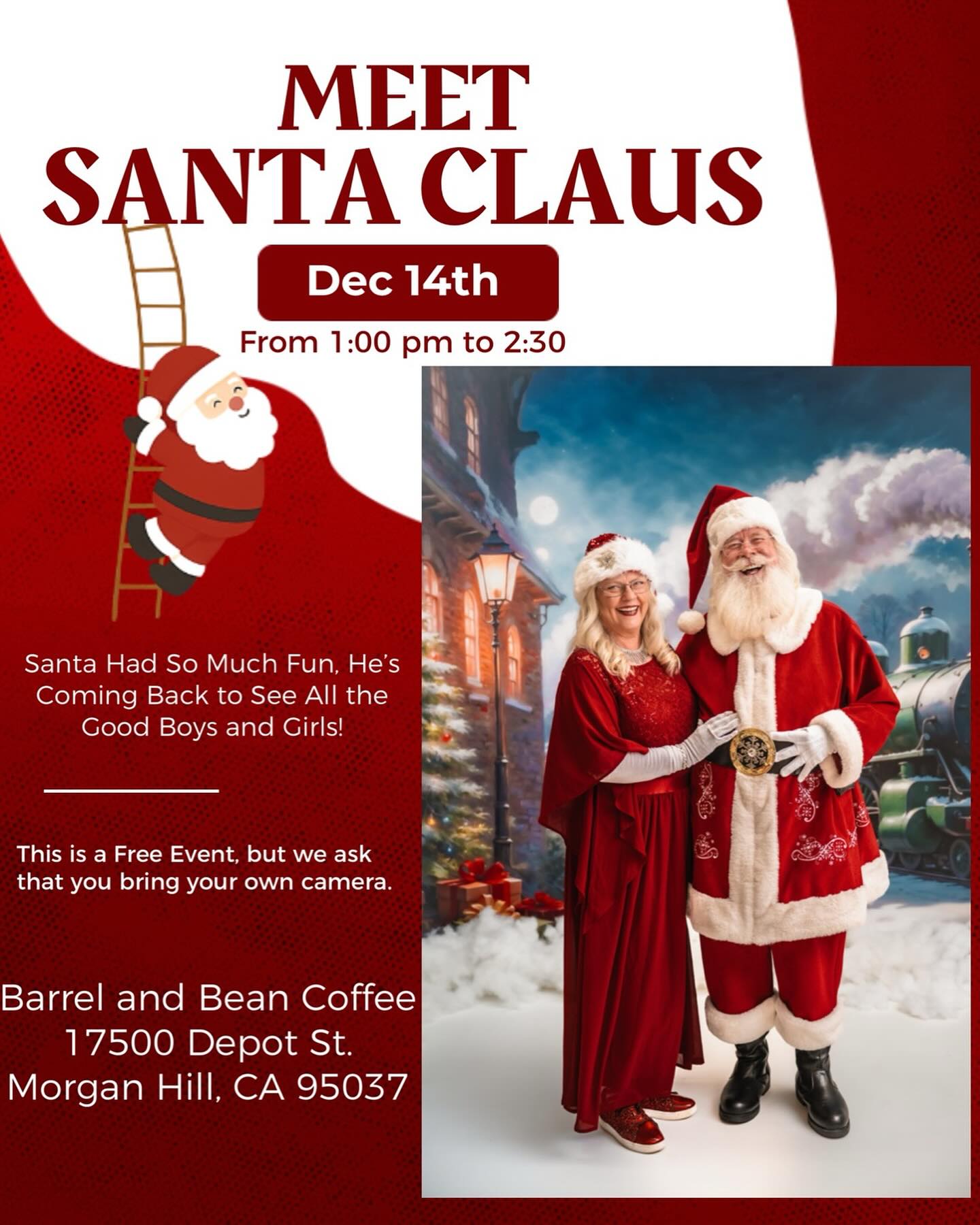 Join us this Sunday December 14th at the Granary with @barrelandbeancoffee for their free meet Santa Claus event! Bring your Christmas spirit, grab a cozy hand crafted drink, and have a a wonderful afternoon with family and friends! 🎅☕️
- @mhcoc @cityofmorganhill @visitmorganhillca @destination_downtown_mh @buy_local_morgan_hill @momsofsouthcounty