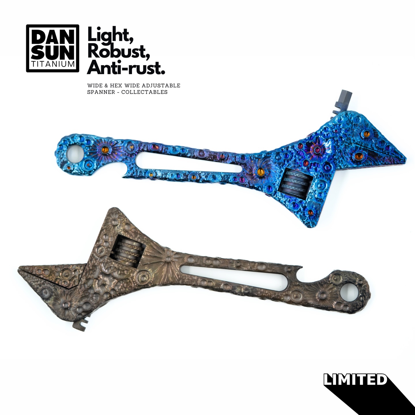 Out of passion and curiosity about what titanium can achieve, we commissioned two “crator” version titanium spanners. We have no intention of putting them on the shelf. Enjoy the details!
Yours sincerely,
Dan Sun Titanium
