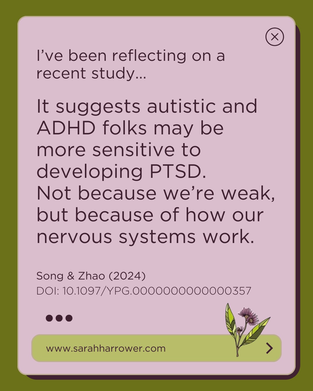 A recent study has found that autistic and ADHD folks may have a higher vulnerability to developing PTSD, not because we’re fragile, but because of the way our nervous systems sense, process and protect.
This feels especially important to name during Perinatal Mental Health Week 2025 (23–29 November), with the theme “what you need when you need it.”
Pregnancy, birth and early parenting are already intense and unpredictable.
For AuDHD parents, the combination of sensory overwhelm, medical environments, shifting plans and rushed communication can turn difficult moments into trauma without anyone meaning for it to happen.
This isn’t about being “too sensitive.”
It’s about a nervous system that notices more, feels more, and holds more.
When we talk about giving people what they need when they need it, this includes autistic and ADHD parents.
It means clearer communication, slower pacing, sensory-aware care, genuine consent, and support that helps the nervous system feel safe enough to stay present.
If your perinatal story has left echoes in your body or mind, you’re not alone.
And you deserve care that understands how your nervous system works, not care that expects you to fit into someone else’s mould.
#pmhweek2025 @pmhweek #audhdparenting #neurodivergentparenting