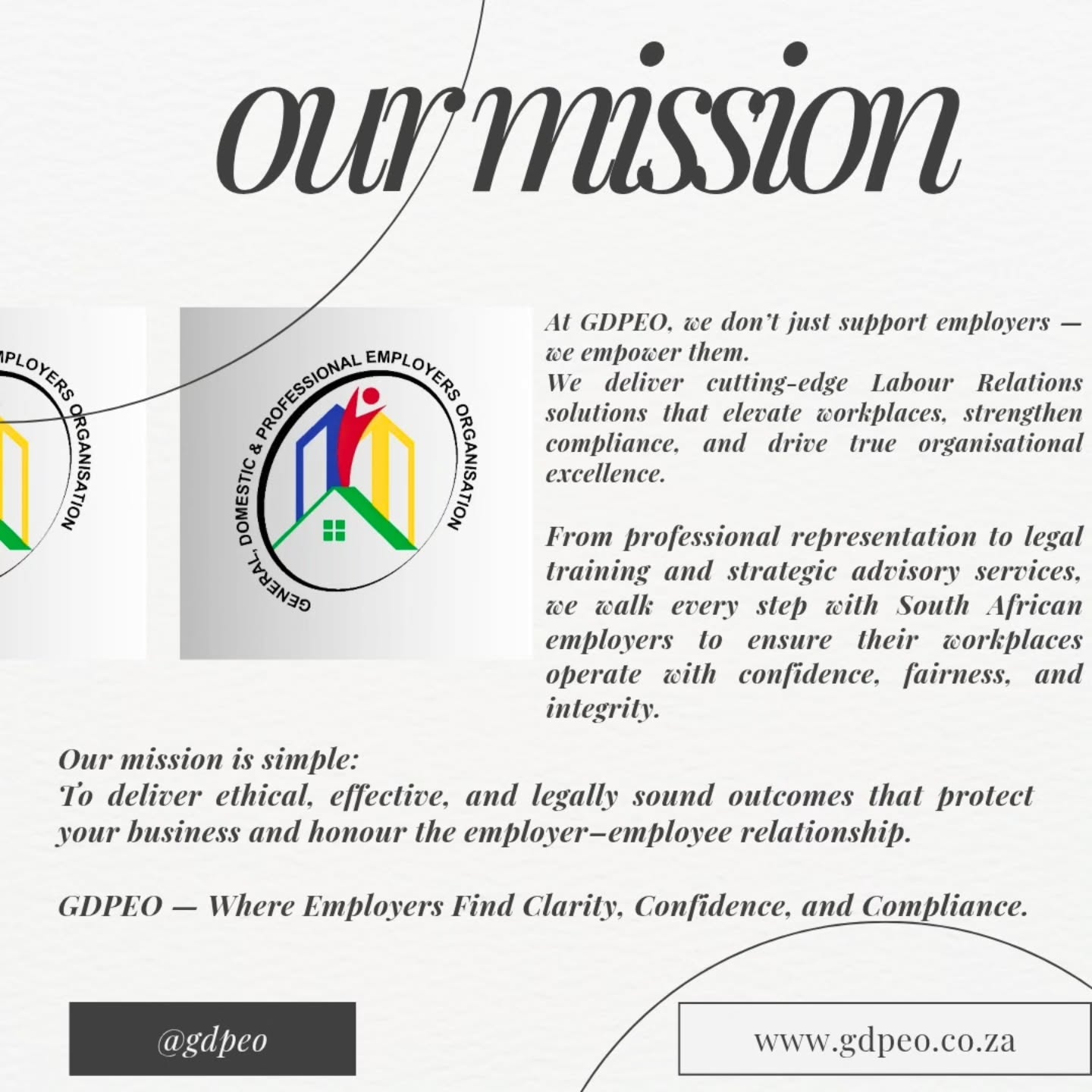 Our mission is simple — yet powerful:
To deliver ethical, effective, and legally sound outcomes that don’t just protect your business, but strengthen the foundation of every employer–employee relationship.
Because when workplaces are guided by integrity, clarity, and fairness, organisations don’t just function… they thrive.
At GDPEO, we stand firmly beside employers, ensuring every decision is supported, every step is compliant, and every outcome reflects excellence.
#GDPEO #LabourRelations #EmployerSupport #WorkplaceIntegrity #BusinessProtection #EthicalLeadership #LabourLawZA #buildingbetterworkplaces
