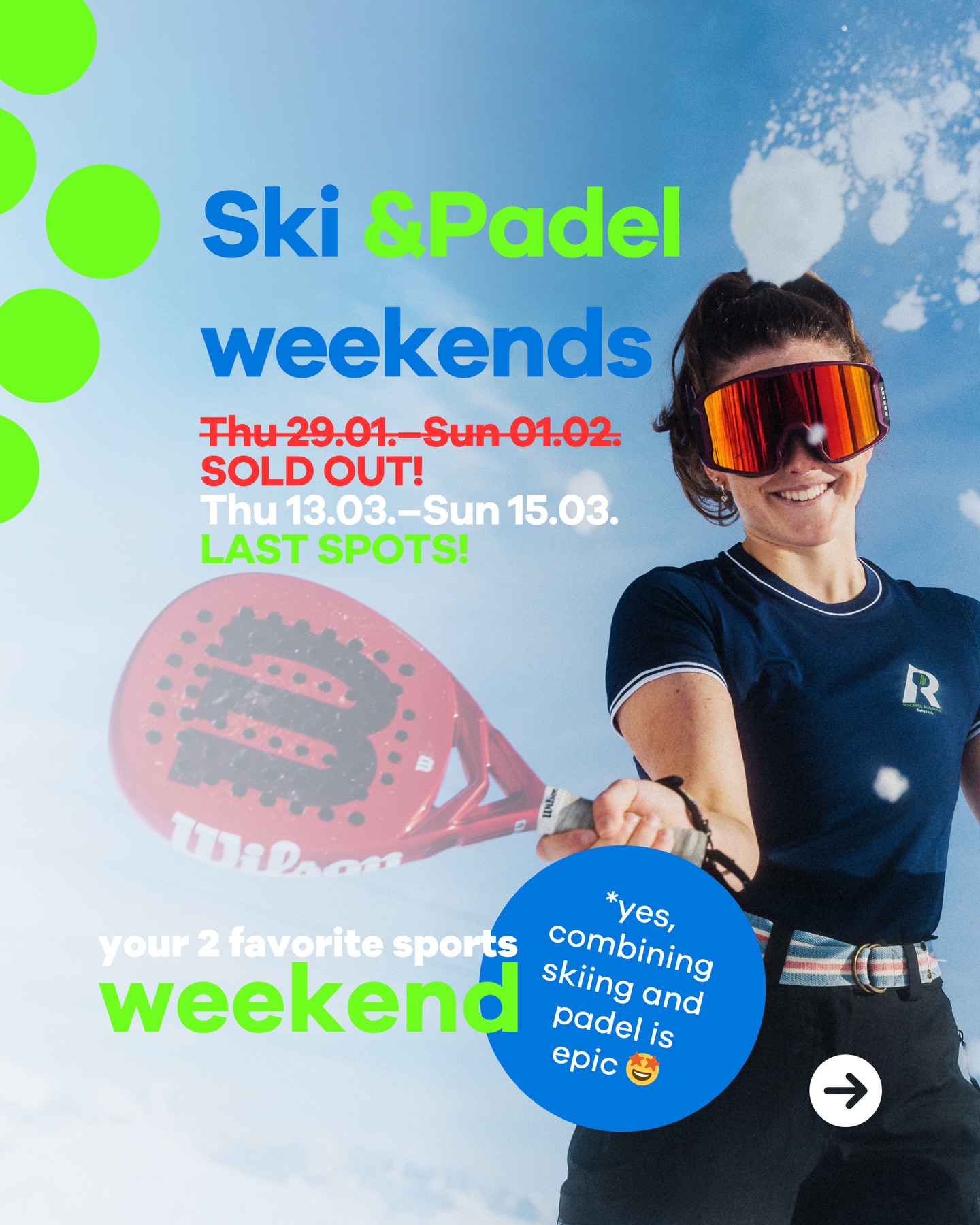 LAST SPOTS! 🚨 Join us for a SKI &PADEL weekend in 2026!
Your ultimate sports weekend that combines two things you love: ⛷️ SKIING in the morning in Crans-Montana and 🎾 PADEL in the afternoon at Rackets Academy. In the evening, you’ll relax in our stunning, fully equipped 🧖 SPA.
🛏️ Accommodation on-site, with breakfast and dinner included. And did we mention the FREE 🎿ski equipment by our partner @decathlon_ch?
Sounds epic? 🤩 Visit our website to find out more – join us alone or with a friend: 🔗 racketsacademy.ch
Weekend 1️⃣: Thursday, 29.01. – Sunday, 01.02. - ❌ SOLD OUT! ❌
Weekend 2️⃣: Thursday, 13.03. – Sunday, 15.03. - LAST SPOTS ✅
🎾🎾🎾
DERNIÈRES PLACES DISPONIBLES ! 🚨 Rejoins-nous pour un week-end SKI &PADEL inoubliable en 2026 !
Ton week-end sportif ultime, qui combine deux choses que tu aimes : ⛷️ LE SKI le matin à Crans-Montana et 🎾 LE PADEL l’après-midi à la Rackets Academy. Le soir, détends-toi dans notre magnifique 🧖 SPA entièrement équipé.
🛏️ Hébergement sur place avec petit-déjeuner et dîner inclus. Et avons-nous déjà mentionné l’équipement de ski GRATUIT 🎿 de notre partenaire @decathlon_ch ?
Cela semble fantastique ? 🤩 Visite notre site web pour plus d’informations – et participe seul ou avec un ami : 🔗 racketsacademy.ch
Week-end 1️⃣: jeudi, 29.01. – dimanche, 01.02. – ❌ COMPLET ! ❌
Week-end 2️⃣: jeudi, 13.03. – dimanche, 15.03. – DERNIÈRES PLACES DISPONIBLES ✅
🎾🎾🎾
LETZTE PLÄTZE! 🚨Erlebe mit uns ein unvergessliches SKI &PADEL Wochenende 2026!
Dein ultimatives Sportwochenende vereint zwei deiner Lieblingsbeschäftigungen: ⛷️ SKIFAHREN vormittags in Crans-Montana und 🎾 PADEL nachmittags in der Rackets Academy. Abends entspannst du in unserem atemberaubenden, voll ausgestatteten 🧖 SPA.
🛏️ Unterkunft vor Ort inklusive Frühstück und Abendessen. Und haben wir schon die KOSTENLOSE 🎿Skiausrüstung unseres Partners @decathlon_ch erwähnt?
Klingt fantastisch? 🤩 Besuche unsere Website für mehr Infos – und sei allein oder mit einem Freund dabei: 🔗 racketsacademy.ch
Wochenende 1️⃣: Donnerstag, 29.01. – Sonntag, 01.02. – ❌ AUSVERKAUFT! ❌
Wochenende 2️⃣: Donnerstag, 13.03. – Sonntag, 15.03. – LETZTE PLÄTZE ✅
#padel #ski