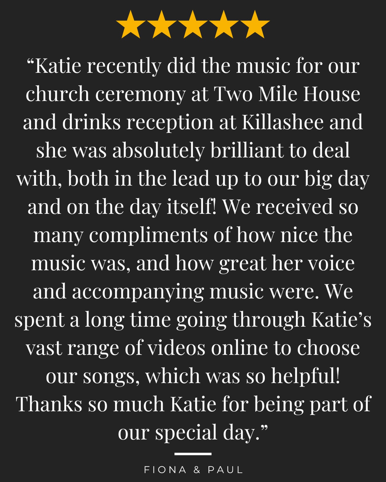 Thanks so much Fiona & Paul for this lovely review!!!!
#irishwedding #irishweddingsinger #weddingsingerireland