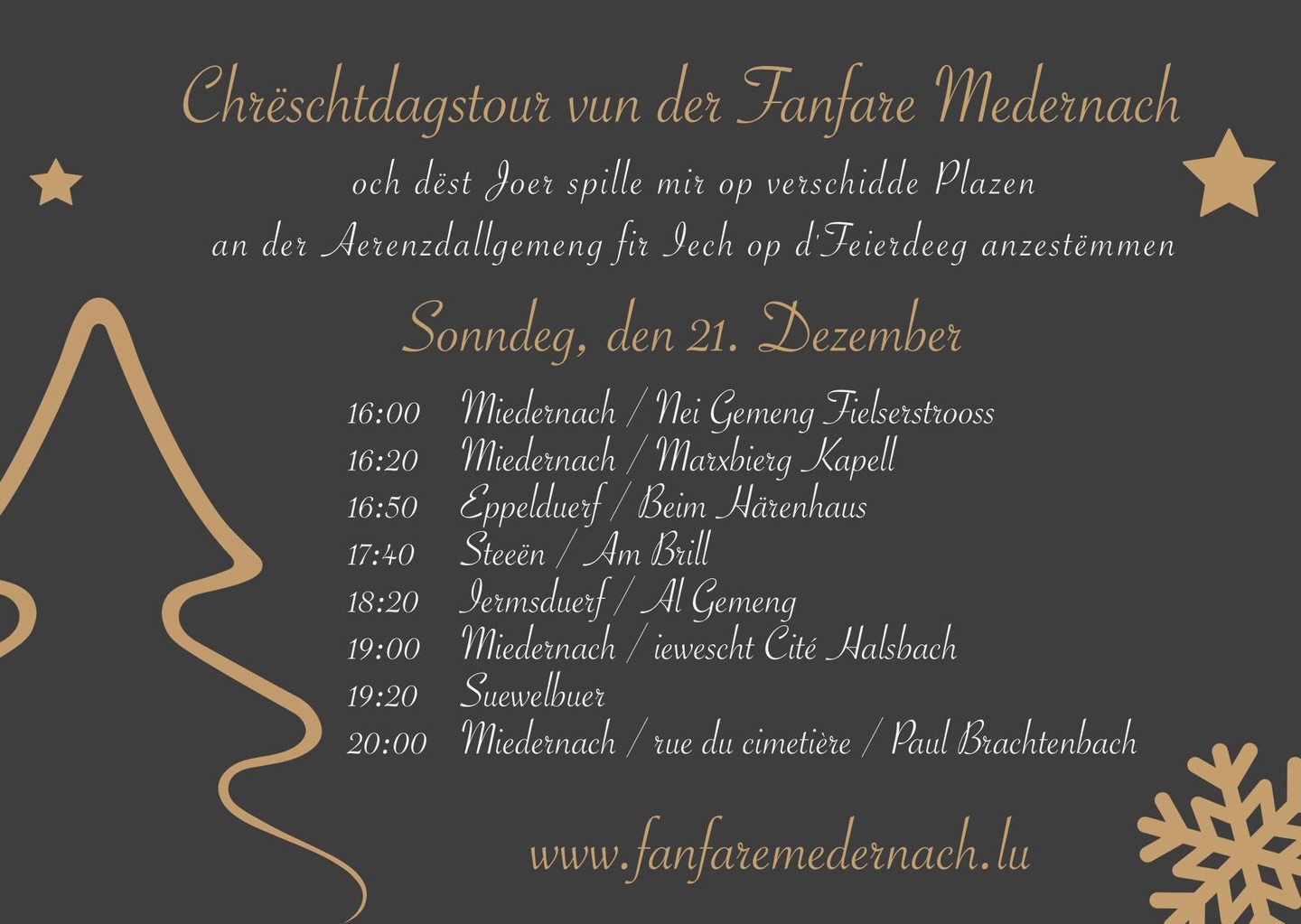 Dëse Sonnden ass et nees sou wäit!
Chrëschtdagszäit ass ukomm an et ass Zäit, dat zesummen ze feieren.
Fir dës speziell Zäit mat iech ze erliewen, freet sech d’Miedernacher Musek, hire Chrëscht-Tour den 21. Dezember duerch d’Gemeng ze spillen.
Kommt ab 16 Auer op déi verschidde Plazen, déi hei uewen ugi sinn, drénkt ee Patt mat eis a loosst eis zesummen d’Gemeng mat Musek a richteger Chrëschtdagsstëmmung fëllen. 🎺✨