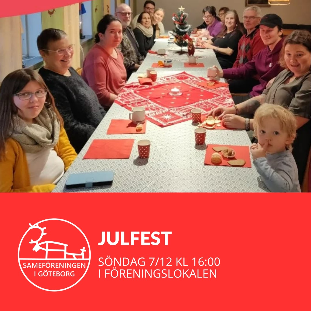 Sameföreningen i Göteborg bjuder in alla medlemmar till årets julfest i föreningslokalen söndag den 7 december kl. 16.00!
Vi beställer jultallrikar från ICA och bjuder dessutom på glögg, pepparkakor och annat smått och gott. Det finns två matalternativ:
• Jultallrik (standard)
• Vegetarisk jultallrik
Du kan också komma utan att beställa tallrik, om du bara vill vara med på glögg, fika och gemenskap.
Anmäl dig via länk i bion.
Sista anmälningsdag: 30 november.
Vi hoppas att många av er vill komma och avsluta året tillsammans med oss!
💚💛💙❤️