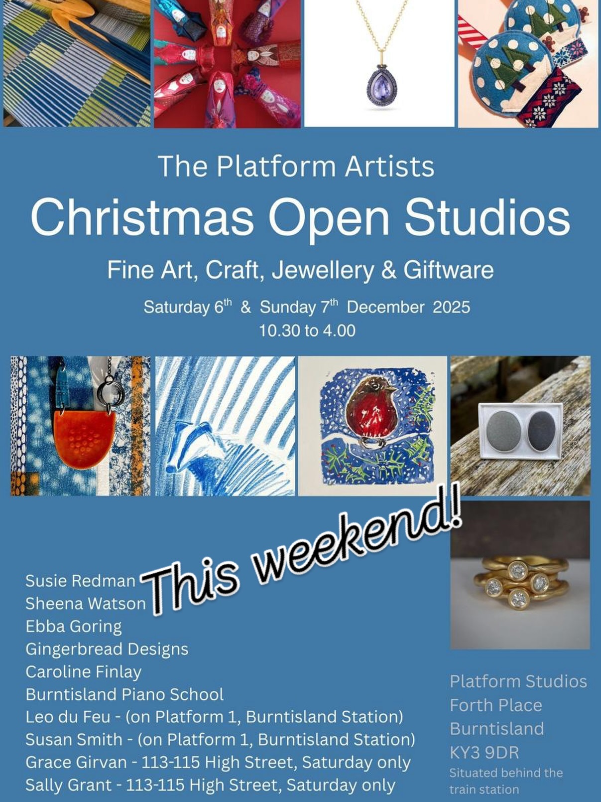 We’re all getting ready for our OPEN STUDIOS this weekend here @studiosplatform -
Saturday 6th and Sunday 7th December
10.30 ~ 4.00
Hope you can make it along to visit me and my artist and maker neighbours in our studios by Burntisland train station and harbour
@susieredman
@ebbagoring
@gingerbread_designs_fife
@ebbandflowprint
@carofin
@leodufeu
@susanscrowsnest
@gracegirvanjewellery
@sallygrantjewellery
@burntisland_piano_school
Sheena Watson
🎄🎄🎄