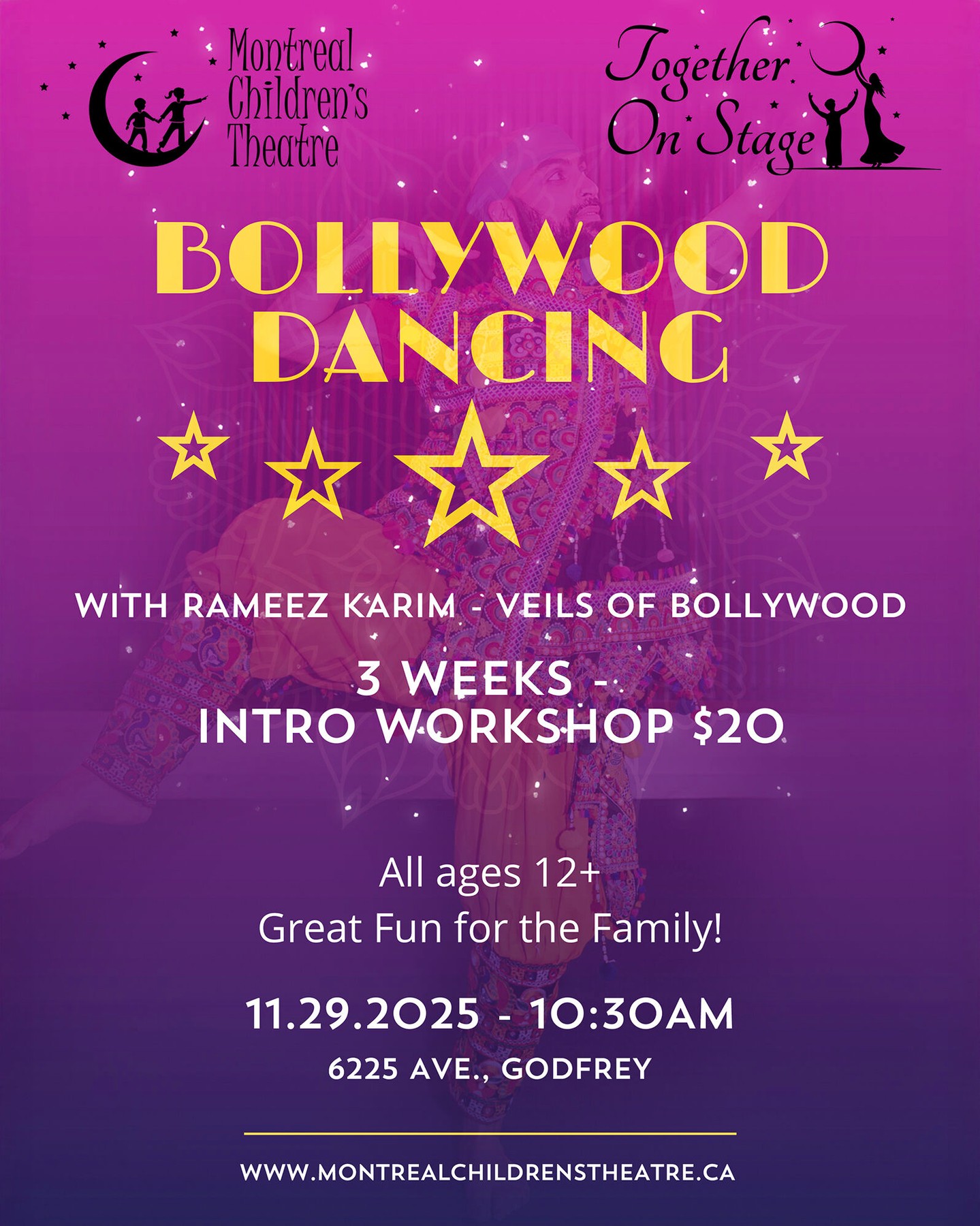💃🏽✨ Experience Bollywood Dance at MCT – Open to Everyone ✨💃🏽
Discover the energy and excitement of Bollywood dance at the Montréal Children’s Theatre. This class welcomes all ages and offers a lively introduction to movement, rhythm, and Indian cultural expression with a skilled instructor.
The focus of the program is to learn authentic Bollywood choreography in a friendly and inclusive environment.
As a special highlight, all workshop participants will be invited to join together for a short appearance in the instructor’s upcoming cultural performance.
Families of our dancers will also receive rebates on show tickets.
To get a preview of his work, watch the demo reel:
🎥 https://www.instagram.com/p/DQb6d_nETGO/
👉 Register for the Bollywood class here:
https://www.qidigo.com/u/Montreal-Childrens-Theatre/activity/30111/session
After registration, families will receive full information about the show moment, rehearsal details, and the link for discounted tickets.
If you wish to attend the full performance:
🎟 Show tickets:
https://thepointofsale.com/tickets/sqh251214001
We are thrilled to share this colorful and joyful dance style at MCT, taught by an instructor who brings genuine cultural experience to every session.
---
💃🏽✨ Découvrez la danse Bollywood au TEM – Ouvert à tous ✨💃🏽
Venez vivre l’énergie et la joie de la danse Bollywood au Théâtre des enfants de Montréal. Ce cours accueille tous les âges et propose une initiation dynamique au mouvement, au rythme et à l’expression culturelle indienne avec un professeur expérimenté.
Le but du programme est d’apprendre une chorégraphie Bollywood authentique dans un environnement convivial et inclusif.
En moment spécial, tous les participants seront invités à apparaître ensemble dans une courte séquence du prochain spectacle culturel de notre professeur.
Les familles recevront aussi des rabais sur les billets du spectacle.
Pour voir un aperçu de son style, regardez la bande démo:
🎥 https://www.instagram.com/p/DQb6d_nETGO/
👉 Inscription au cours de Bollywood ici:
https://www.qidigo.com/u/Montreal-Childrens-Theatre/activity/30111/session
Une fois inscrites, les familles recevront toutes les info