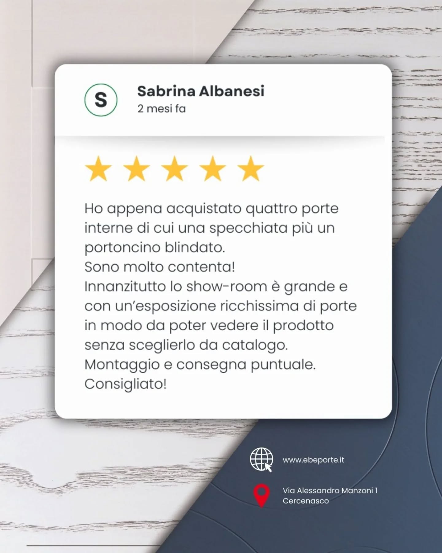 ⭐⭐⭐⭐⭐ Ebe Porte: Un Servizio a 5 Stelle, Conferma Google! 🤩
Ogni recensione positiva è per noi una carica di energia.
Non vendiamo solo porte, offriamo un'esperienza completa: dalla consulenza all'installazione perfetta.
La soddisfazione dei nostri clienti è la prova che la nostra dedizione paga.
Grazie per la fiducia, non solo a Sabrina e Roberto, ma a tutti i nostri clienti!
e tu? sei pronto/a a vivere la tua esperienza a 5 stelle?
#Esperienza5Stelle #Eccellenza #EbePorte #RecensioniGoogle #QualitàGarantita #AssistenzaClienti