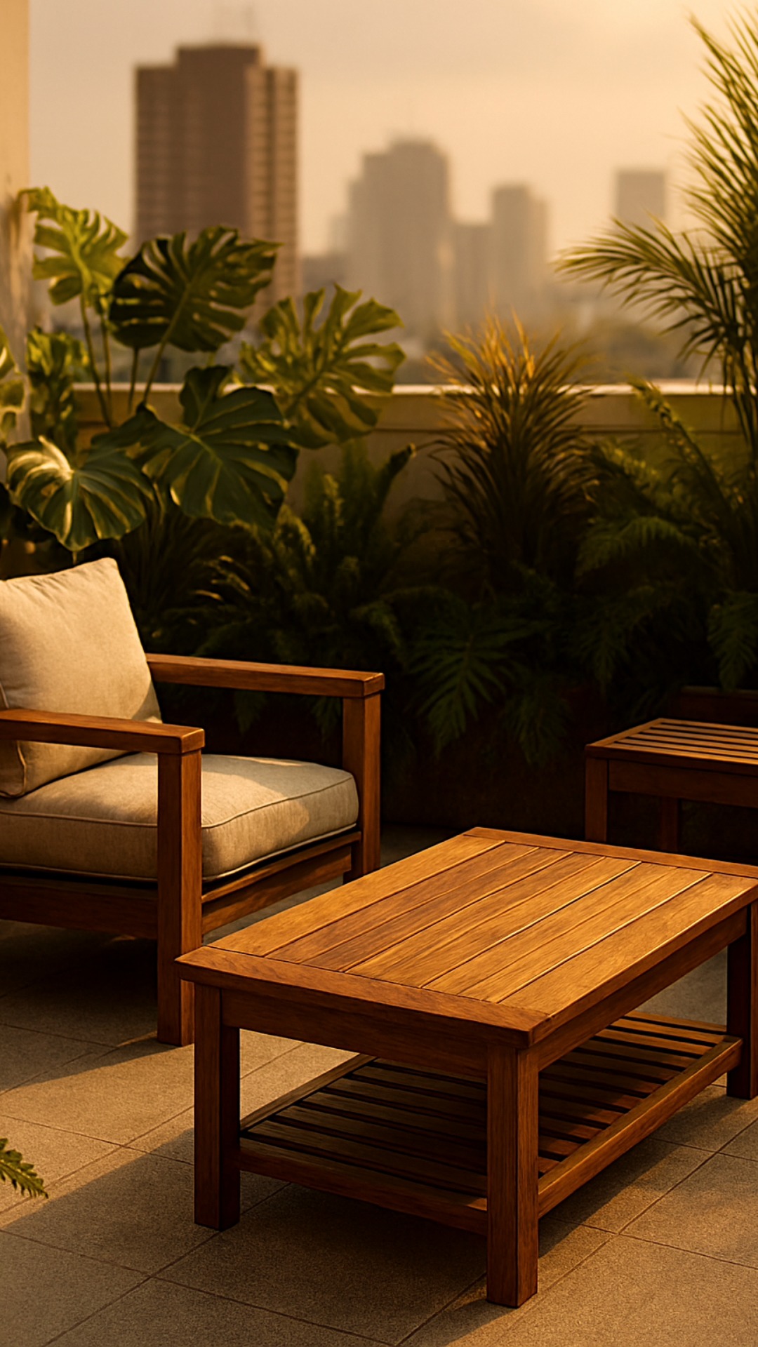 Golden hour on teak and tropics — where the skyline meets serenity.
#TeakTerrace #GoldenHourGlow #UrbanOasis #TropicalElegance #CinematicLiving #MonsteraMoments #PremiumWoodStyle