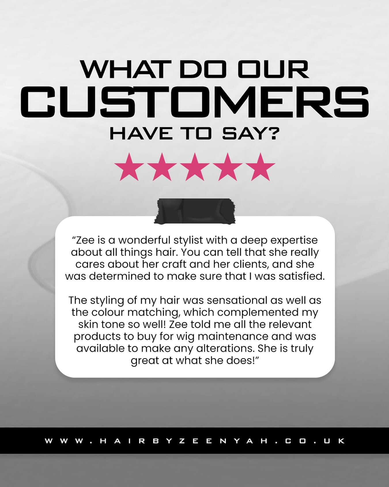Real reviews from real customers! Have you booked your appointment yet? We have limited bookings before Christmas 🎄
Visit HairbyZeenyah.co.uk to book your spot 🫶🏾
#zeenyah #wigs #wigmaker #londonwigmaker #ukhairstylist #lacewig #wiginstalls #laceglue #reviews #gluelesswigs #closurewigs #wembley #protectivestyles #gluelessclosure #londonhairdresser #machinewig