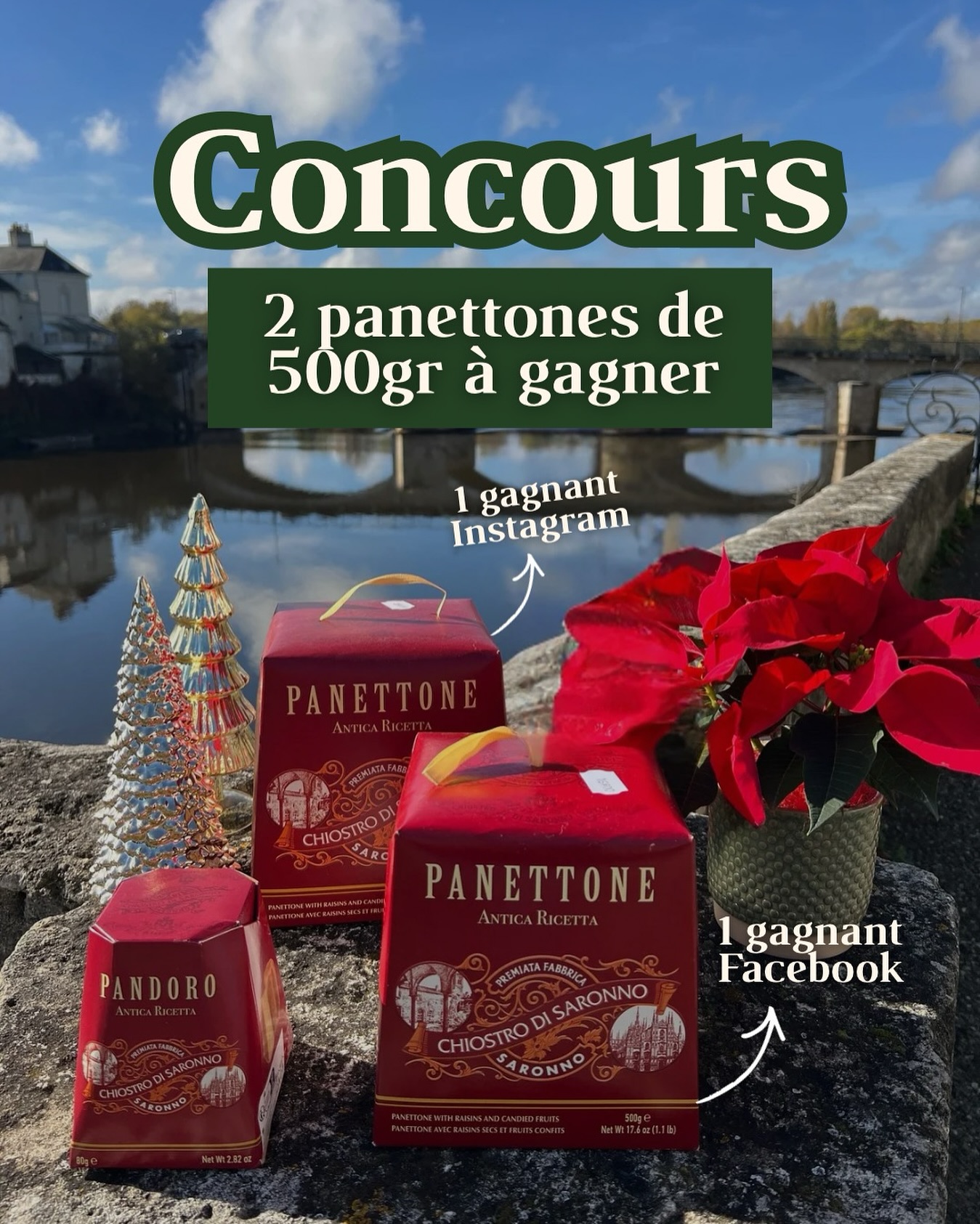 🎄 CONCOURS DE NOËL 🎄
Parce que Noël, c’est encore meilleur avec une touche d’Italie…
🎁 À gagner :
✨ 2 panettones de 500g
👉🏻1 gagnant sur Instagram
👉🏻1 gagnant sur Facebook
De quoi prolonger la magie des fêtes autour d’une bonne tranche de panettone
Pour participer :
1️⃣ Like cette publication
2️⃣ Abonne-toi à @lessaveursditalie.chinon
3️⃣ Identifie 2 ami(e)s en commentaire (ceux avec qui tu partagerais volontiers un panettone)
📍 Lots à récupérer directement au restaurant.
🗓 Concours du 22 décembre au 4 janvier inclus
Annonce des gagnants en story le 6 janvier
🍀 Buona fortuna (bonne chance 😉)
⚠️ Infos pratiques :
– Lot non échangeable, non remboursable
– Le gagnant sera contacté par message Instagram et Facebook
– Sans réponse sous 72h, le lot sera remis en jeu
– Jeu concours ouvert à la France métropolitaine uniquement
Merci à @eglantine_chinon_fleuriste pour la touche florale qui sent bon Noël.