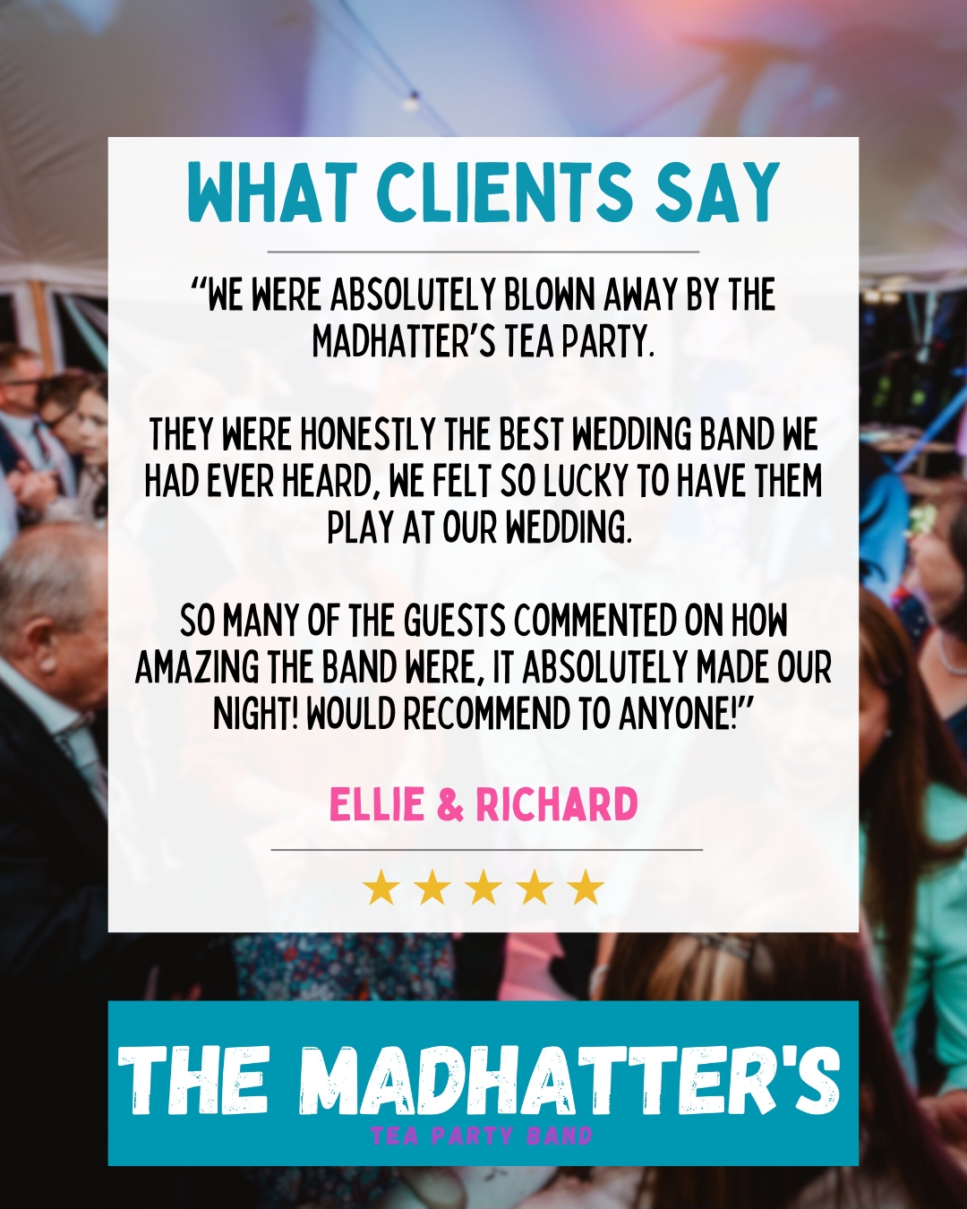 💬 Dancefloor Buzz
“The best wedding band we had ever heard.”
Thank you Ellie & Richard — what a night 🎩🔥
#TheMadhattersTeaPartyBand #WeddingBand #PartyBand #LiveWeddingMusic #DanceFloorFiller #Review