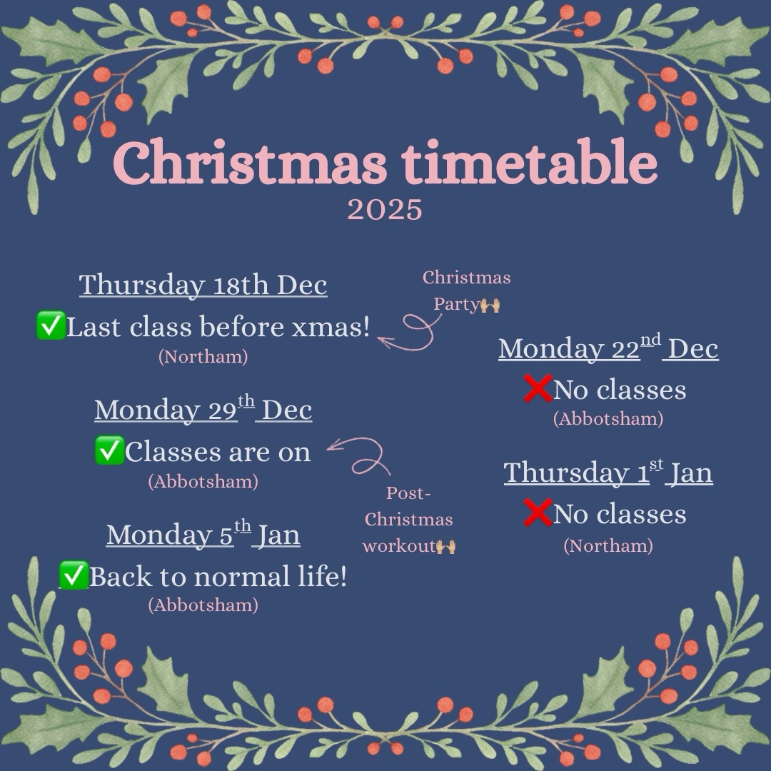🗓️ Get your calendar/diary out!
Add these dates so you don’t forget 😊
That 29th Dec class is I’ll be just what you need - get booked on now!
Any questions, give me a shout.
Em x