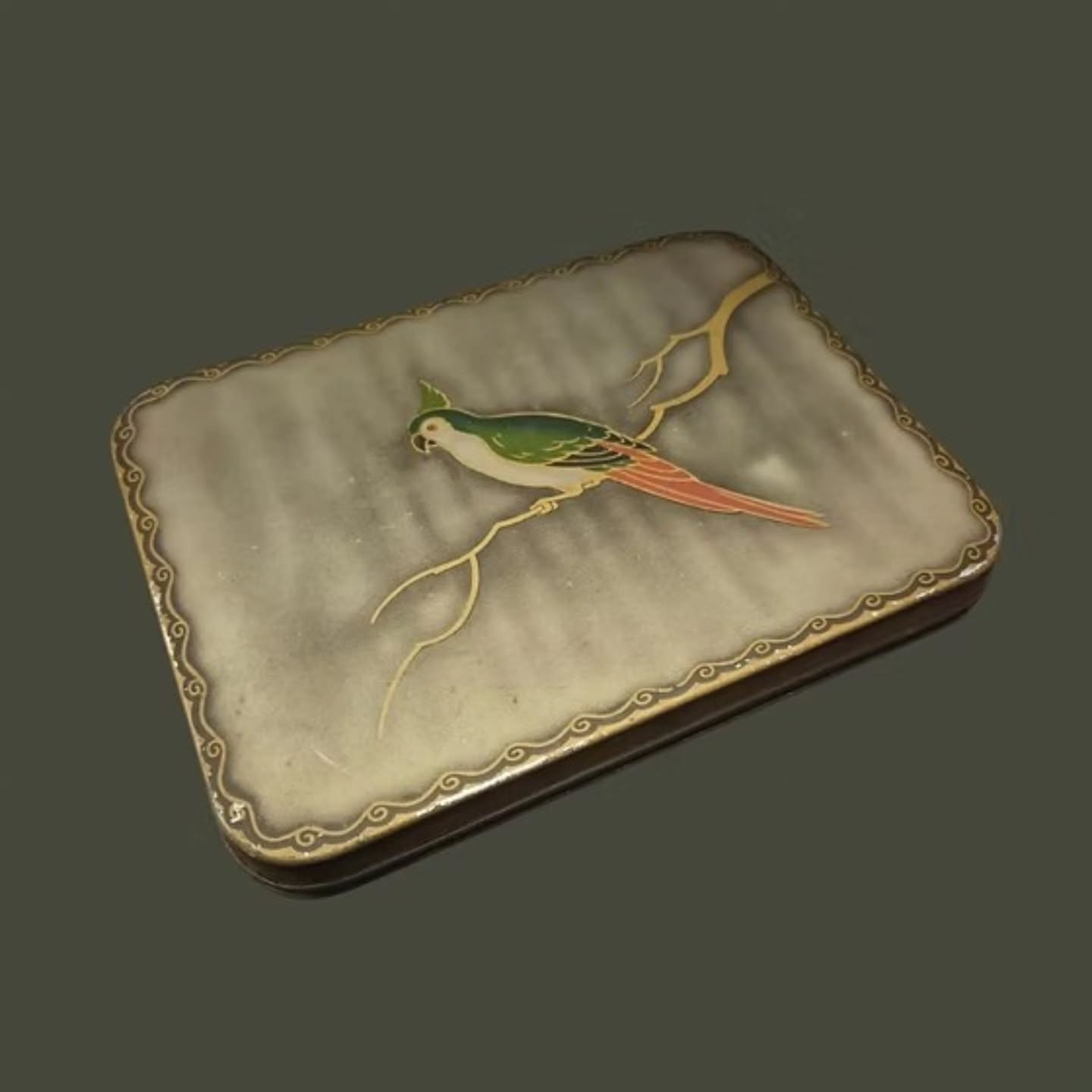 https://www.objetdart-stuff.co.uk/product-page/vintage-william-crawford-sons-parrot-biscuit-tin-free-sample-art-deco-sale #tin #stufftoyouandme #objetdart