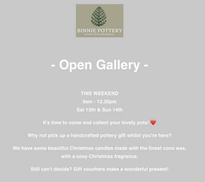 OPEN GALLERY - this weekend
Sat 13th & Sun 14th 9am-12:30pm
It’s time to come and collect your lovely pots! ❤️
Why not pick up a handcrafted pottery gift whilst you’re here?
#potterygifts
#potteryexperiences
#potterygiftcards