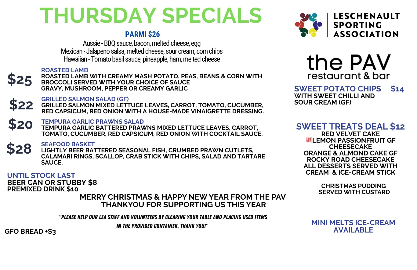 Itโs been a busy lead-up to Christmas, so you deserve a treat!
Check out our specials tonight at The Pav ๐