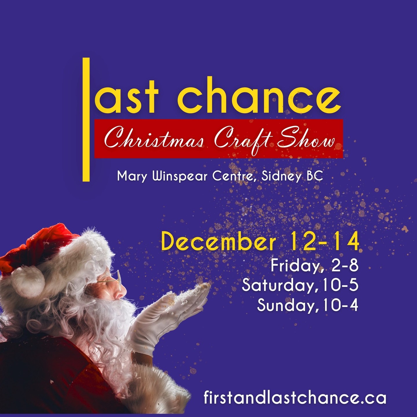 🎉 Mark Your Calendars! 🎉
Don’t miss out on **Last Chance** — December 12-14! This isn’t just any holiday market; it’s your final opportunity to discover unique, handcrafted gifts made with love by talented Canadian artisans.
Join us for three exciting days of shopping, supporting local creators, and finding one-of-a-kind treasures for everyone on your list. Let’s make this Christmas extra special by sharing the love of handmade!
Save the dates and come celebrate community, creativity, and the magic of small business. We can’t wait to see you there! ✨
#flc_craftshows #MarkYourCalendars #ShopSmall #ShopLocal #SupportArtisans #HolidaySpirit #CanadianMade #SupportLocalArtists #yyjevents #VictoriaBC #SidneyBC #MaryWinspearCentre
Many thanks to our sponsors - Peninsula News Review, Used Victoria, the Ocean 98.5!