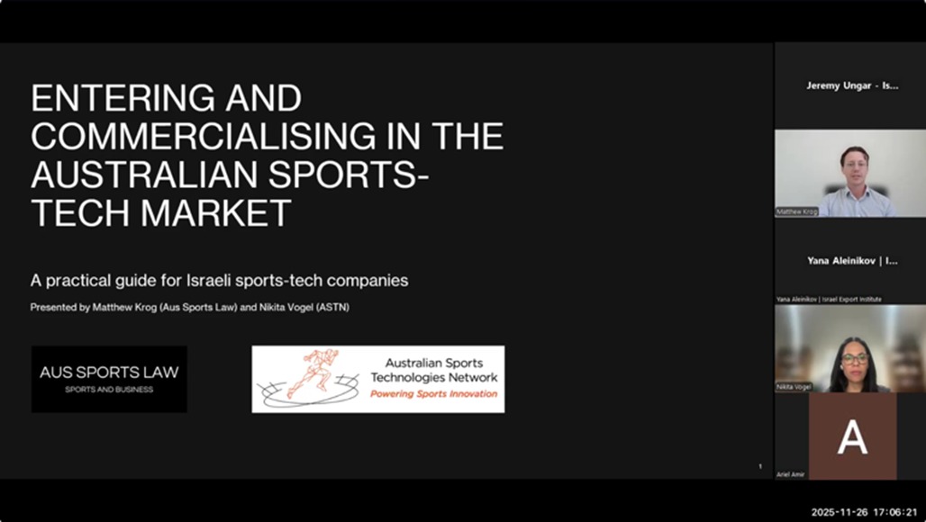 Last week, our Managing Director, Matt Krog, worked with the Israel Trade and Economic Commission Australia and the Israel Export Institute to present to a group of 15â20 Israeli sports tech companies looking to enter the Australian market.
Matt co-hosted the session with Nikita Vogel and covered what founders need to understand before expanding into Australia. How the sports system actually works, where the commercial opportunities are, who the key decision-makers are, and the legal settings that influence how quickly a company can scale.
The session also explored why Australia is an attractive landing spot right now and why there is strong demand here for world-class tech. Israel is the unicorn capital of the world, and the quality of innovation coming out of that ecosystem speaks for itself. Weâre excited to help bring that standard of technology into Australia.
Aus Sports Law is actively supporting international sports tech companies with market entry, across both legal and non-legal needs. Structuring, partnerships, risk, compliance, commercial strategy, and helping founders build the right network on the ground. Our role is to make it easier for the right companies to gain traction and create value here.
A big thank you to Jeremy Ungar and Michael Koss for making this collaboration possible. This is only the beginning, and weâre proud to be flying the Australian flag while helping take Aus Sports Law to the world.
If youâd like to know more about the tech weâre currently working with, reach out anytime.
@nikitavogel_
@israeltradecommission
@israel_export
@astn_sportstech