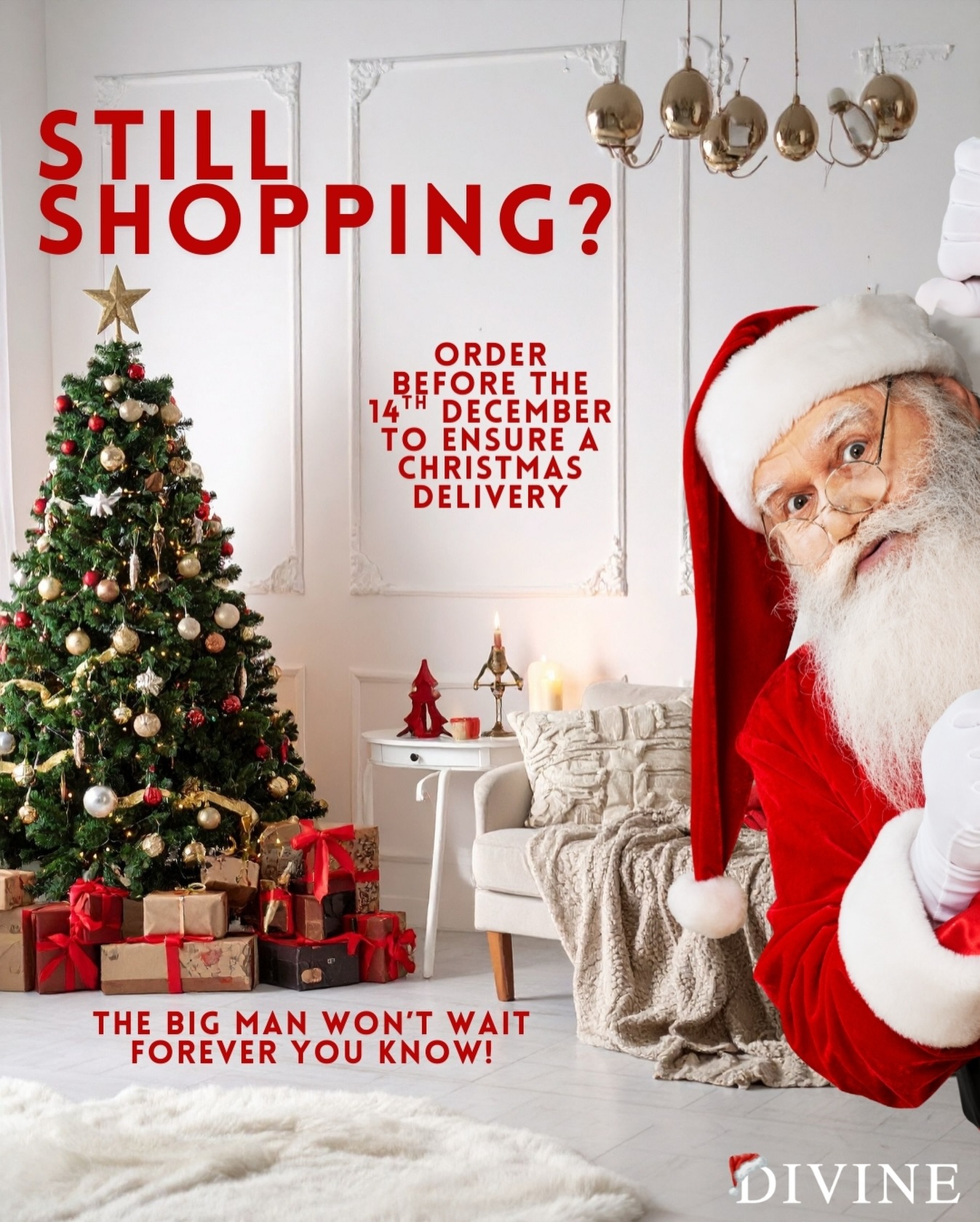 🎄🎅 𝐒𝐭𝐢𝐥𝐥 𝐂𝐡𝐫𝐢𝐬𝐭𝐦𝐚𝐬 𝐬𝐡𝐨𝐩𝐩𝐢𝐧𝐠?
No judgement… but Santa won’t wait — so why should you! 😉✨
Make sure you 𝐨𝐫𝐝𝐞𝐫 𝐛𝐞𝐟𝐨𝐫𝐞 𝟏𝟒𝐭𝐡 𝐃𝐞𝐜𝐞𝐦𝐛𝐞𝐫 to guarantee a 𝐂𝐡𝐫𝐢𝐬𝐭𝐦𝐚𝐬 𝐝𝐞𝐥𝐢𝐯𝐞𝐫𝐲 and keep your festivities flowing smoothly. 🍸🎁
Whether you’re treating yourself or gifting someone special, let’s make this season truly 𝐃𝐢𝐯𝐢𝐧𝐞🍸
Sleek bottles, premium spirits, all the festive vibes — what more could you want under the tree? 🌟
Let’s get 𝐃𝐢𝐯𝐢𝐧𝐞 this Christmas period!🎅🏼
#divine #christmas #delivery