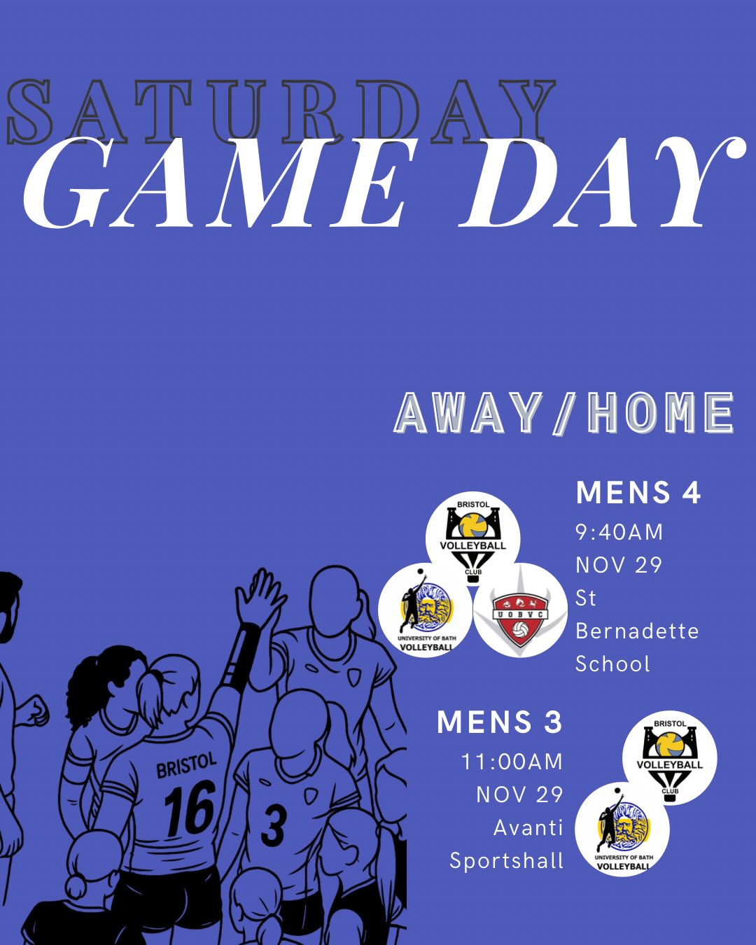💛 GAME DAY ALERT 💙
We’ve got another busy weekend ahead, and with a few matches happening at Avanti, it’s a good chance to pop in and support the players if you’re nearby. Always nice to have people around the court 💛💙
SATURDAY — NOV 29
HOME
📅 Men’s 3 — SW League
📅 Ladies 3 — SW League
AWAY
📅 Men’s 4 — B&D League
📅 Ladies 4 — B&D League
📅 Ladies 1 — NVL Division 1
SUNDAY — NOV 30
HOME
📅 U18 Boys — SW League
Volleyball weekend is on — follow along for all the action 👀🔥💛💙
.
.
.
#bristolvc #volleyballengland #gameday #bristolvolleyballclub #BVC #volleyballuk #sport #volleyball #bristol #bristolsport #BVCGameDay