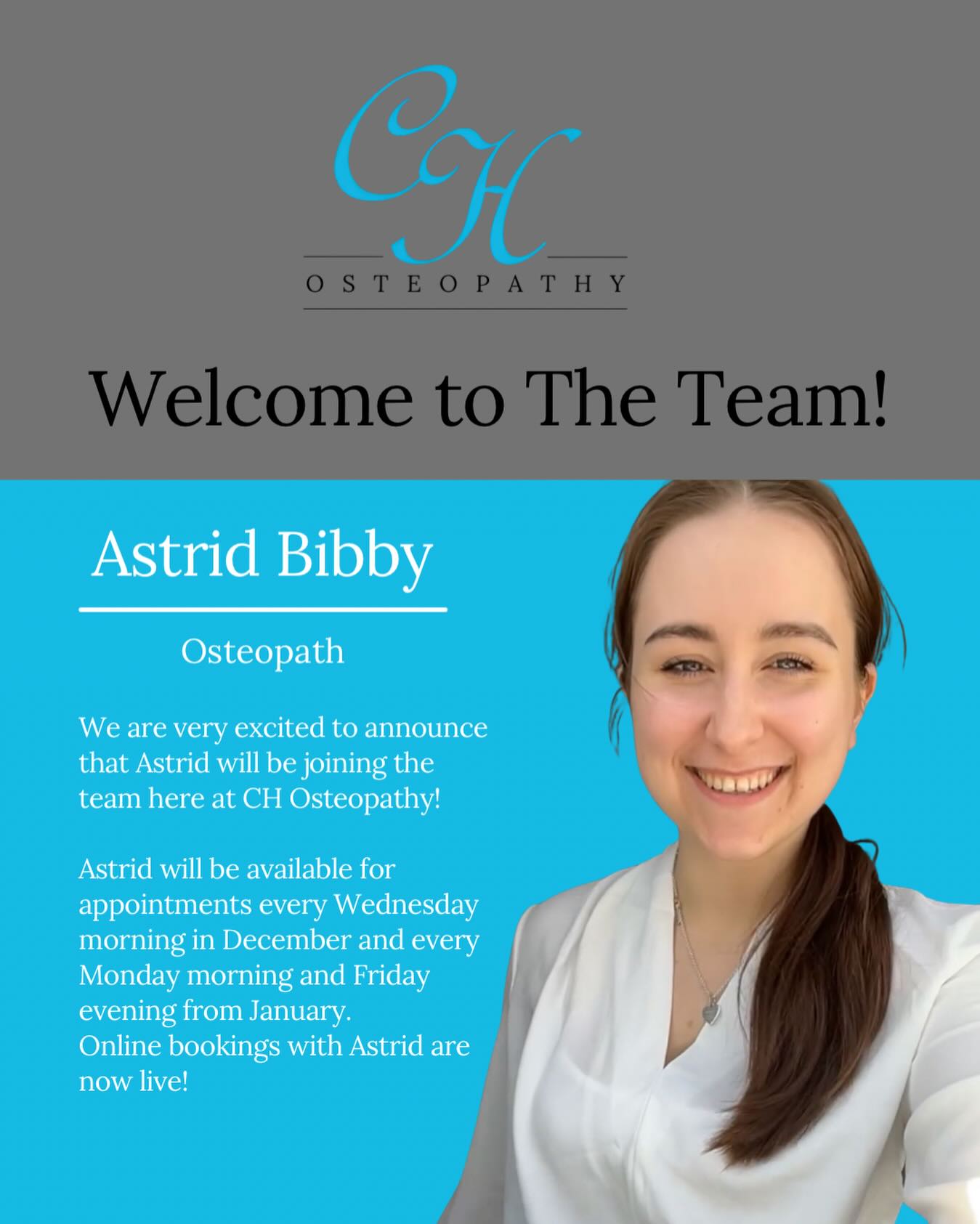 Welcome to the team Astrid! 👋🏻
We are really excited to announce that Astrid will be joining our team here at CH Osteopathy!
Astrid graduated earlier this year with a Master’s in Osteopathy. With a holistic, evidence-based approach at the core of her practice, Astrid is committed to supporting patients through tailored treatment plans that address the whole person, not just their symptoms 👩🏻⚕️.
Astrid has a particular interest in working with amputee patients, helping them navigate the unique physical challenges that can accompany limb loss 🧑🏻🦽.
Alongside this specialist focus, Astrid enjoys treating a wide range of conditions, including headaches, joint pain, and musculoskeletal dysfunction across all areas of the body.
Appointments with Astrid are now live and can be booked online via our website ☺️.
🖥 info@chosteopathy.co.uk
🌐 www.chosteopathy.co.uk