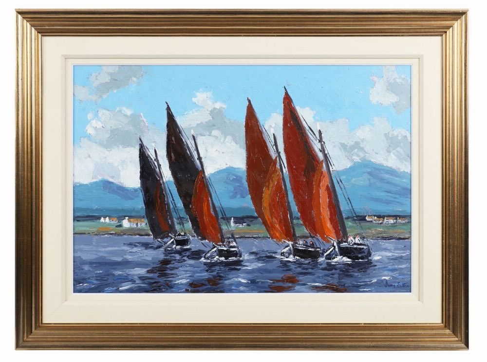 Sold €1800. Thursday 11/Dec. at Sheppards. DURROW. Lot 10. “Galway Hookers. Roundstone Bay. Oils. 20/30ins
