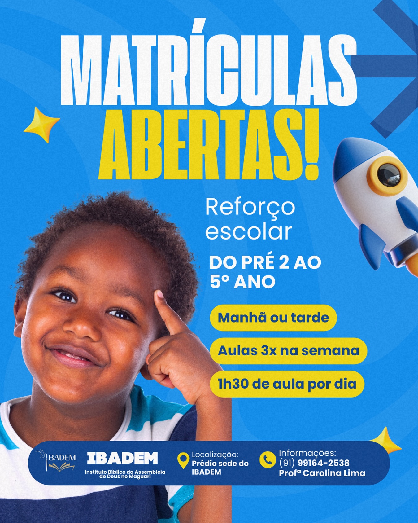 O IBADEM KIDS VOLTOU e a partir de Janeiro estaremos ofertando apoio pedagógico no IBADEM 📚
TURMAS MANHÃ E TARDE
Aulas 3x na semana
CRIANÇAS DE 5 A 10 ANOS (do Pré 2 ao 5º ano)
Saiba mais em nosso site ou no link que está em nossa bio.
✅ Inscrições:
Profª Carolina Lima 91 99164-2538