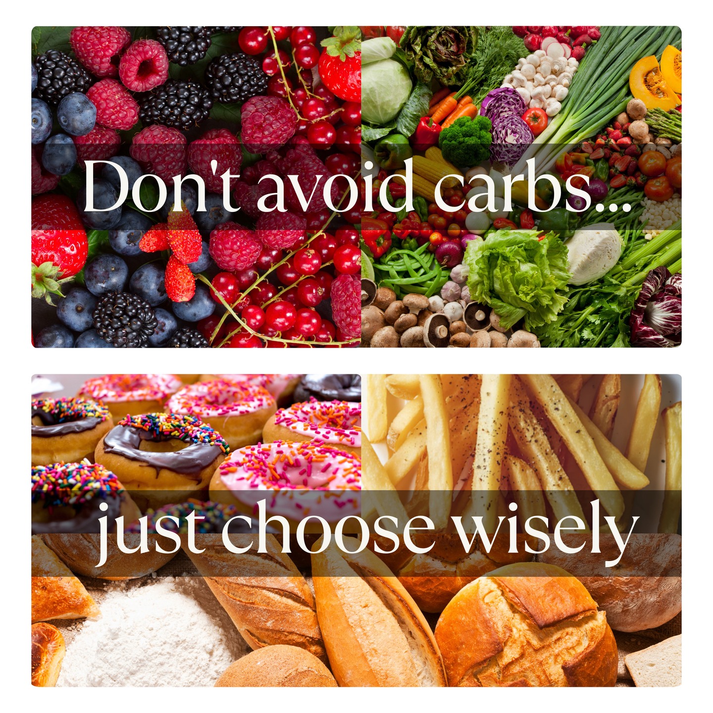 It's not that carbs are bad for you. It's that refined and ultra-processed foods can cause so much damage to your system and trick your brain into wanting more, more, more! Did you notice how much beautiful color there is in all of the fruits and vegetables? Your cells can tell the difference! Feed your body real food!