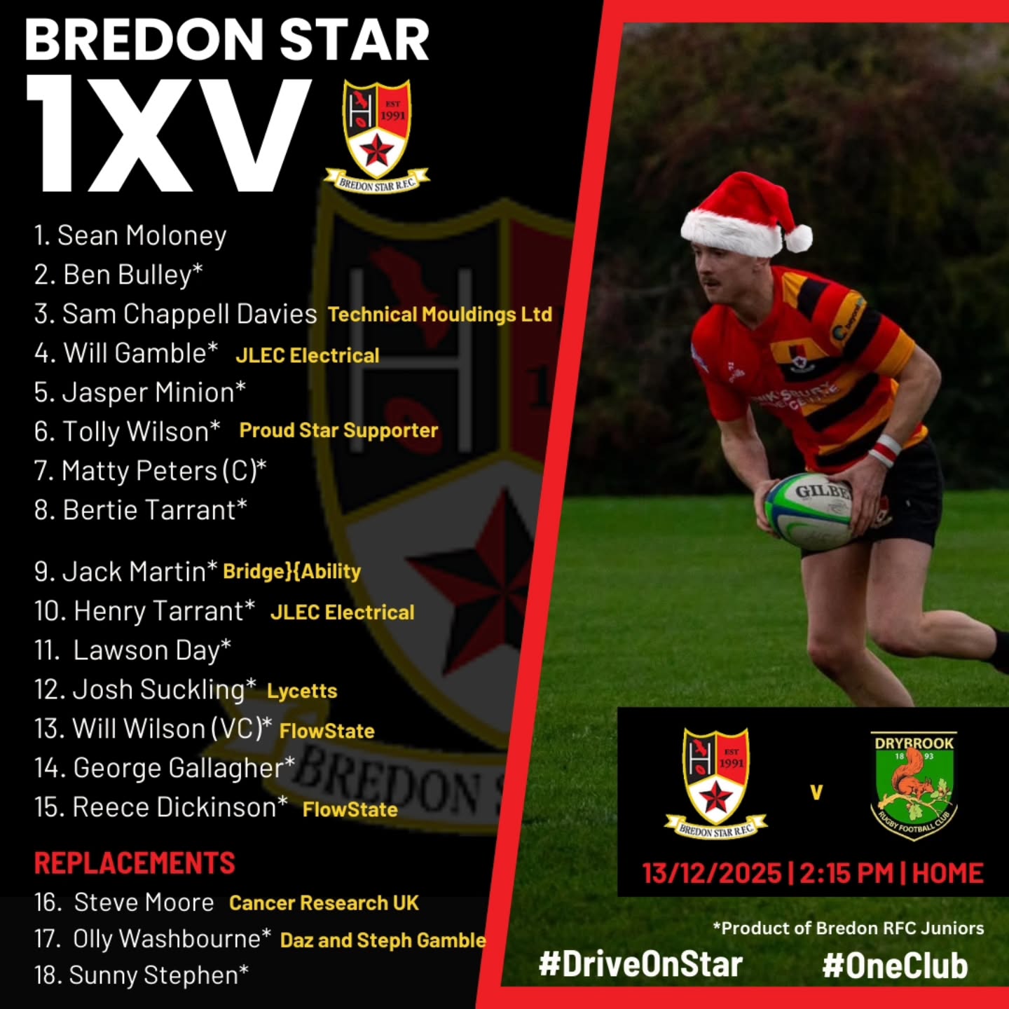 📣 1XV TEAM ANNOUNCEMENT 📣
Final home game before the Christmas break.
📅 Saturday 13th Dec
📍 Bredon Playing Fields
⏰️ 14:15
#DriveOnStar #SweetBredonStar