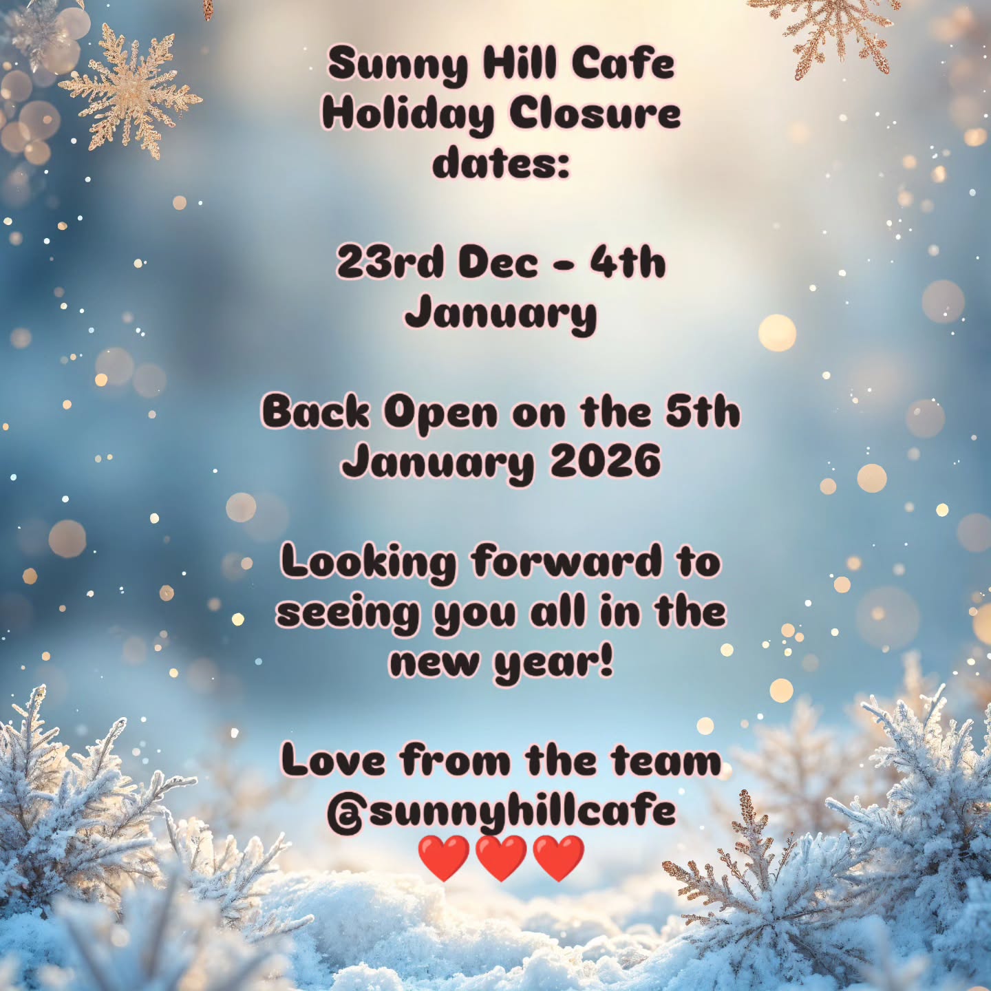 Thanking everyone visiting throughout 2025.
We will be closed from 23rd December until 4th January. Back Open on the 5th January 2026.
Looking forward to seeing you all next year. Lots of love from the Sunny Hill Team β€οΈ