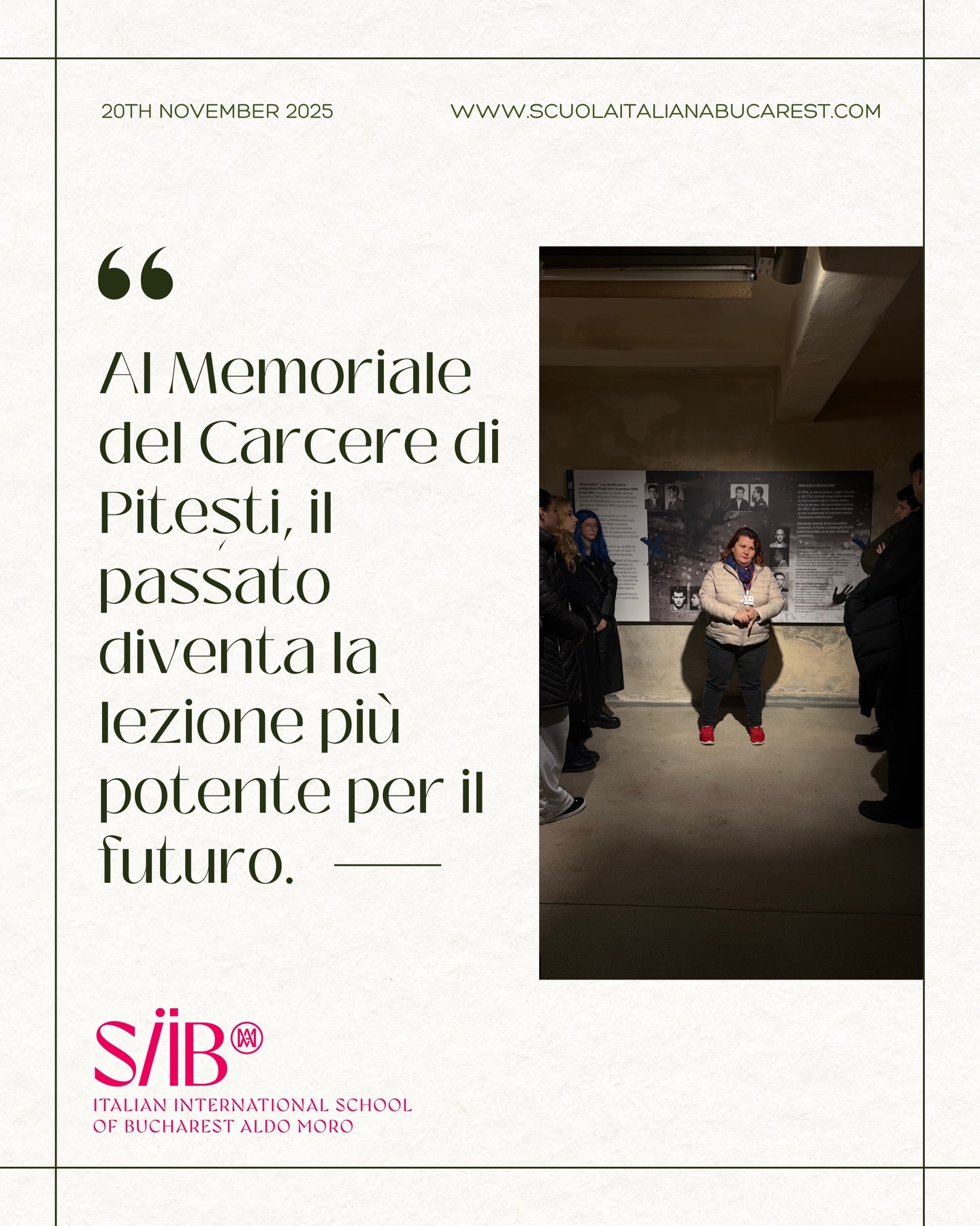 I nostri studenti hanno trasformato la storia in un’avventura: ieri, viaggiando in treno fino a Pitești 🚆, hanno visitato il Memoriale del Carcere e scoperto lezioni di coraggio, libertà e responsabilità. Una giornata piena di scoperte che li insegna a guardare il futuro con occhi curiosi e cuori aperti.
#ScuolaItalianaAldoMoro #MemorialePitești