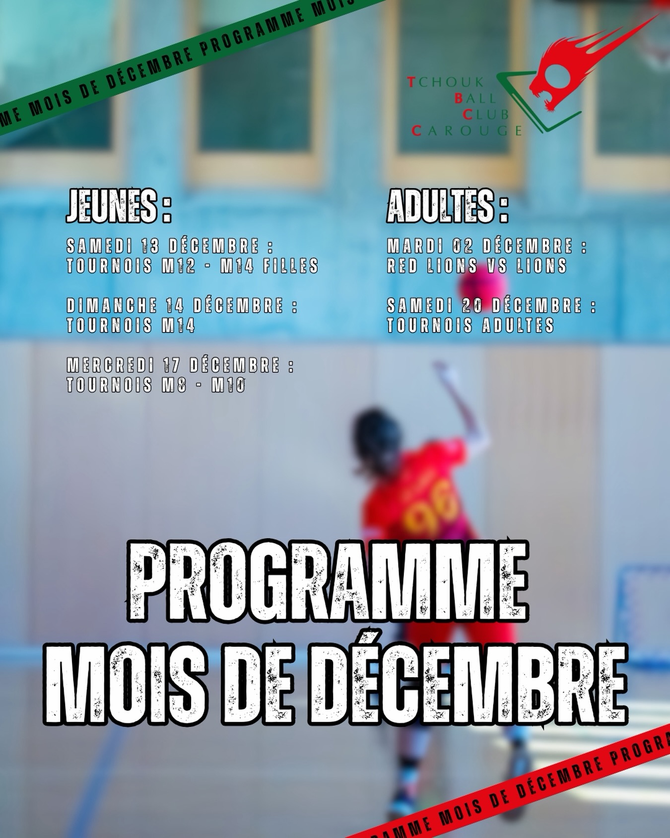 La suite de la saison est là, pleins d’événements en ce mois de décembre🤾
Voici le programme du tchoukball club carouge :
On vous attend nombreux sur place ou en commentaire pour soutenir nos équipes.
Jeunes :
Tournois M12 - M14 Filles
📅 Date : samedi 13 décembre
📍 Lieu : Centre sportif de la Queue-d’Arve, Rue François-Dussaud 12, 1227 Genève
Tournois M14
📅 Date : dimanche 14 décembre
📍 Lieu : Pas encore connus
Tournois M8 - M10
📅 Date : mercredi 17 décembre
📍 Lieu : Centre sportif de la Queue-d’Arve, Rue François-Dussaud 12, 1227 Genève
Adultes :
Red Lions VS Lions
📅 Date : mardi 02 décembre
📍 Lieu : École de la Tambourine, Rue de la Tambourine 37, 1227 Carouge
Tournois adultes
📅 Date : samedi 20 décembre
📍 Lieu : Pas encore connus
Rugissez au rythme du tchoukball ! 🏐
Allez Carouge 🦁