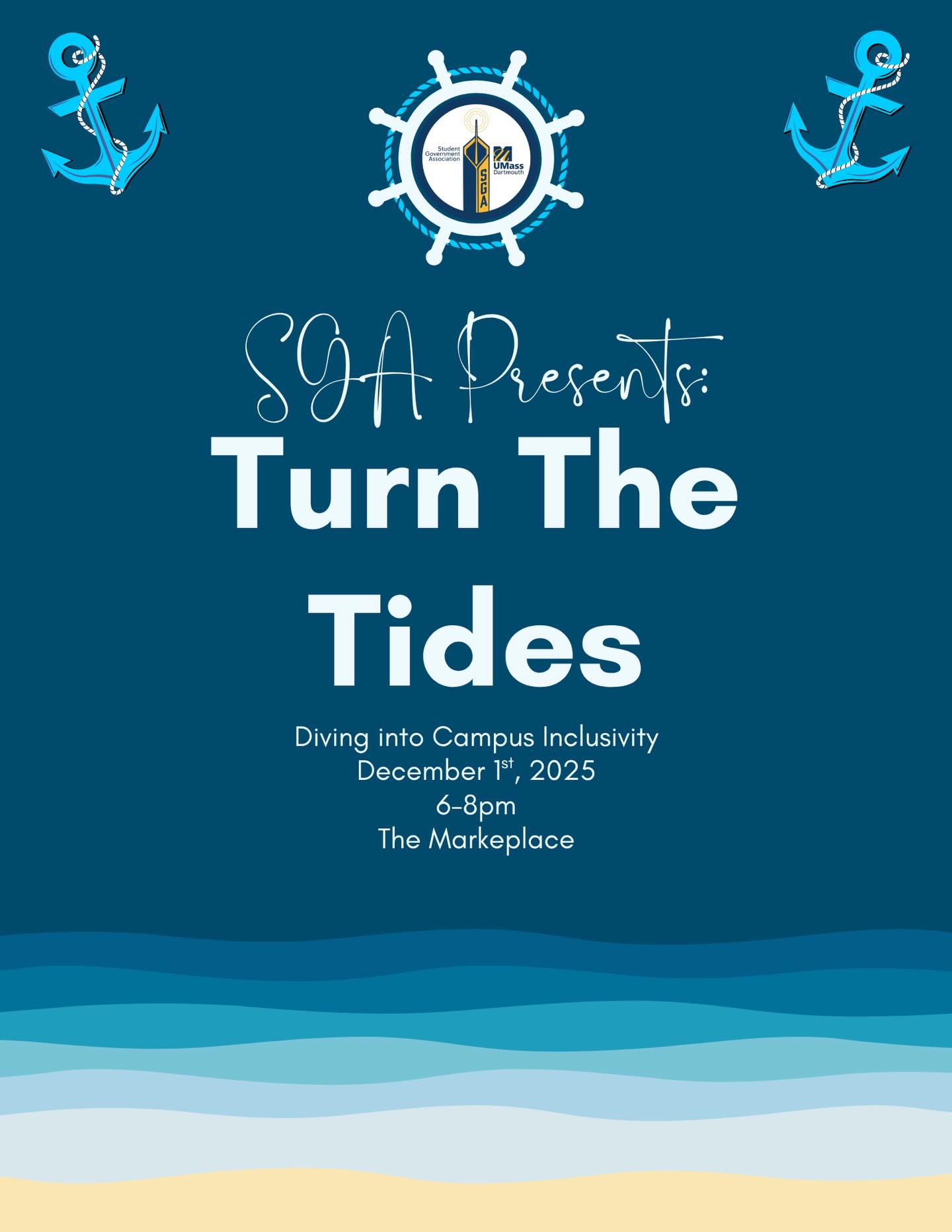 Join us for our signature event Turn the Tides to talk about campus inclusivity with some of our amazing faculty! Dec 1st from 6-8pm in the Marketplace, there will be food, raffle prizes, and a chance to speak with our amazing panelists! 🥳