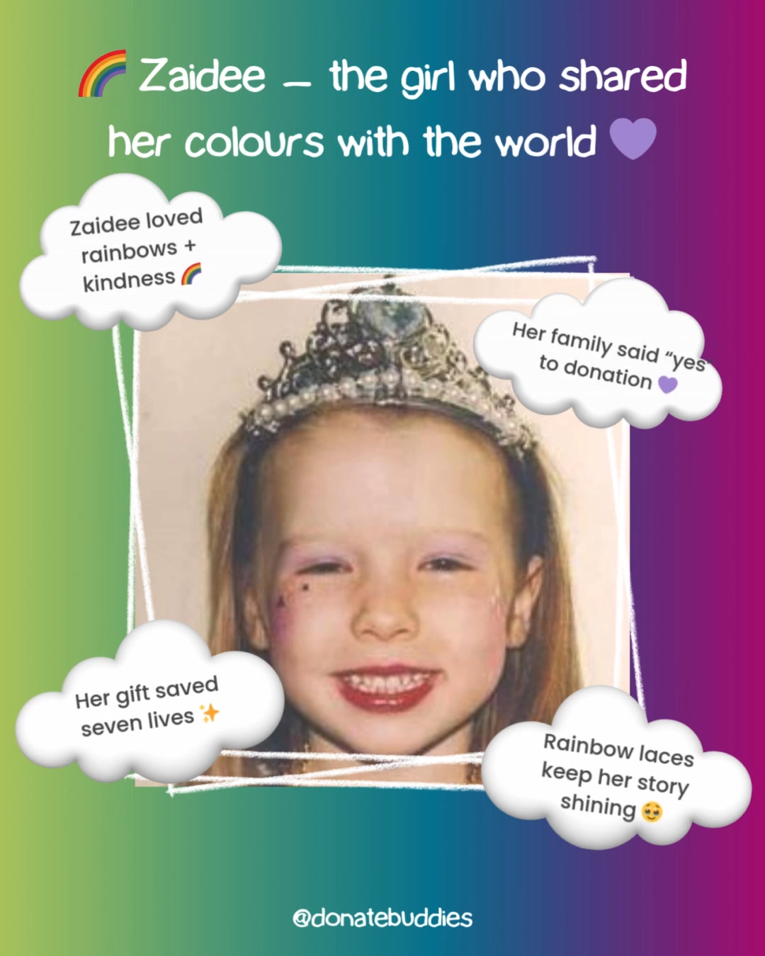 🌈 Zaidee — the girl who shared her colours with the world 💜
At just seven years old, Zaidee became a donor hero — saving seven lives and starting a legacy of kindness that still shines today.
Her rainbow laces remind us to talk about donation, to choose courage, and to share our colours with others.
Forever bright.
Forever kind.
Forever a hero. 💛🌈
To read Zaidee's Hero Story, head to https://www.donatebuddies.com.au/zaidee-t
#DonateBuddies #HeroTuesday #RainbowLaces #Zaidee #OrganDonationAwareness #KidsHeroes #KindnessMatters
⚠️ Disclaimer:
Donate Buddies shares educational content to raise awareness of organ and tissue donation in Australia. It is not medical advice. Please seek guidance from your healthcare professional or transplant team for personal medical concerns.