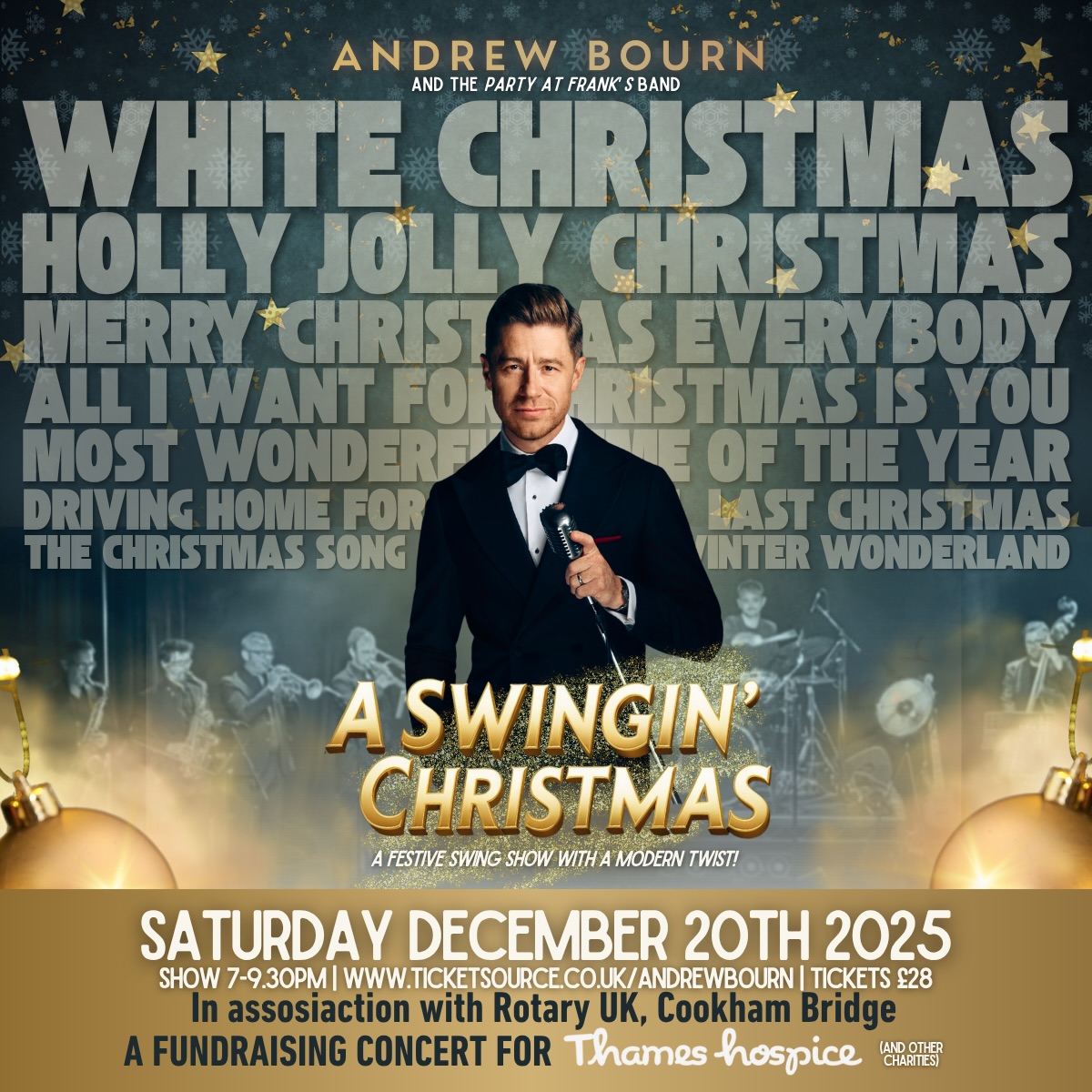 Limited tickets remaining for my @thameshospice fundraising show on 20th December in High Wycombe. Join us for a night festive music and fun! Already over 300 tickets sold, it’s gonna be a great night!!
Tickets from my website www.andrewbourn.co.uk
#highwycombe #highwycombeevents