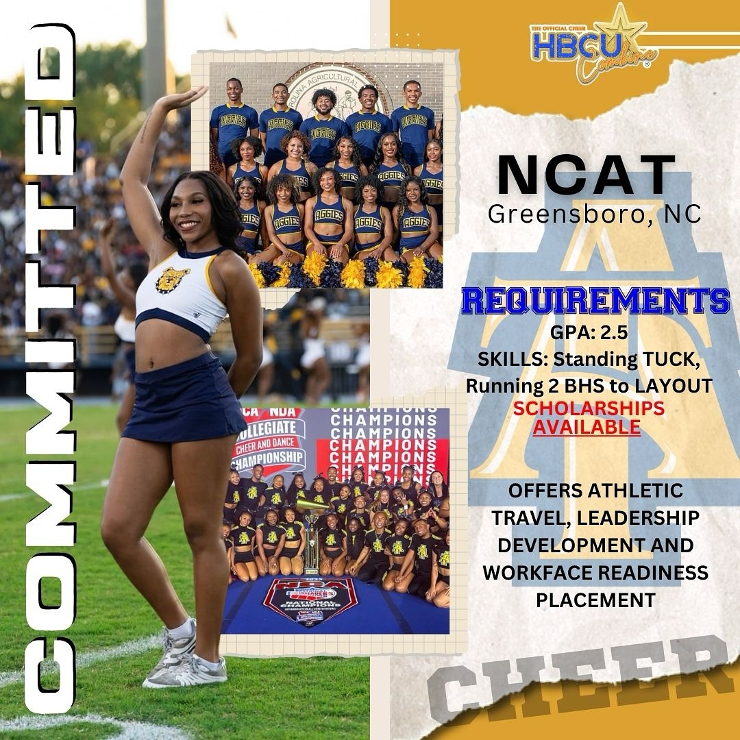 💙💛 The excitement keeps rolling! Next on deck — the @ncatcheer ! 🐶✨
A&T’s cheer program is known for clean lines, sharp motion, game-day power, and undeniable HBCU tradition. And this year, they’re locking in early to meet the NEXT generation of Aggie cheer talent.
Think you’ve got the discipline, energy, and drive to rep the blue and gold? 💪
Come learn what it takes to become an NCAT Aggie Cheerleader at the 4th Annual Cheer HBCU Combine on December 14, 2025.
#CheerHBCUCombine #NCATAggies #AggieCheer #AggiePride #HBCUCheer