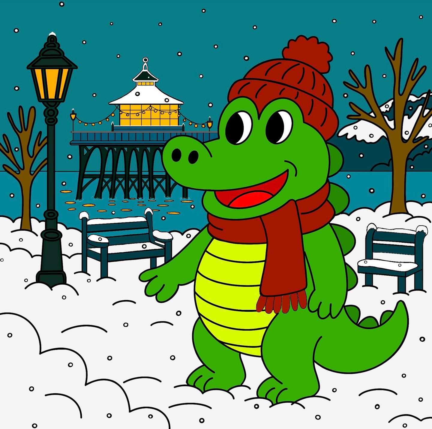 The Bristol Crocodile is hoping for a snowy Christmas walking by Clevedon Pier.
Cosy hat on, scarf wrapped tight, he’s ready for winter magic!
#BristolCrocodile #ClevedonPier #Clevedon #NorthSomerset #WinterMagic #SnowyChristmas #ChildrensIllustration #CuteCharacters #PictureBookArt #IndieArtist #IllustratorsOnInstagram #CosySeason #SnowyDays #ChristmasInTheUK #WholesomeArt