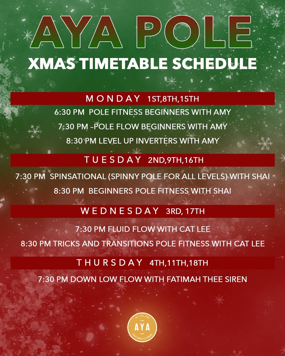 The AYA Pole Christmas timetable has officially landed and December is about to feel magical. Every week is filled with beginner friendly sessions, flow heavy favourites, spinny pole, strength building pole fitness and the slow sultry styles you love.
This month also includes two special classes with Dawn for anyone ready to push their level before the holidays. Book your sessions, secure your space and finish the year on a high. Festive season, but make it AYA. 🎄✨