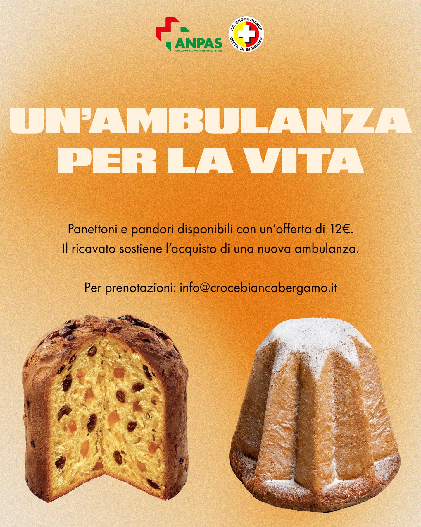 Oggi è il primo giorno di neve, quale momento migliore per iniziare a pensare al Natale?
Con una piccola offerta per panettone o pandoro ci aiuti nell’acquisto di una nuova ambulanza.
Per info e prenotazioni scrivici in DM o a info@crocebiancabergamo.it
#CroceBiancaBergamo #ANPAS #Bergamo #Natale #Panettone #Pandoro