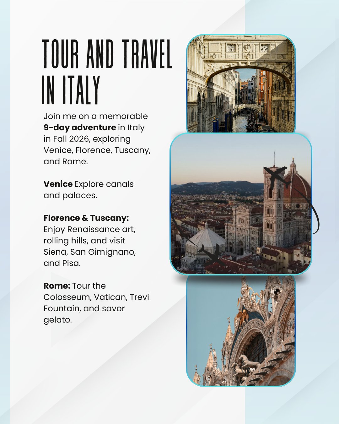 🇮🇹 Italy is calling… and I’m taking 15 people with me!
In Fall 2026, we’re heading out on an unforgettable 9-day journey through Venice, Florence, Tuscany, and Rome — and you’re invited.
Here’s what’s in store:
✨ Venice — Wander canals, explore palaces, and feel the magic of a floating city.
✨ Florence & Tuscany — Renaissance art, rolling hills, incredible food, and a full day exploring Siena, San Gimignano & Pisa.
✨ Rome — The Eternal City! Colosseum, Vatican, Trevi Fountain, ancient history, and gelato in every direction.
This is more than checking places off your bucket list — it’s about traveling with intention, enjoying curated experiences, learning as you explore, and sharing it all with an amazing small group. That’s what makes Nerdy Nomad Travel different:
🌍 Curated Curiosity — thoughtful travel for people who love to learn, explore, and connect.
If Italy has been on your dream list, this is your sign. Come with me. Let’s make memories, eat ridiculous pasta, and wander through centuries of history together.
👉 DM me to claim one of the 12 spots for the Fall 2026 Italy Adventure!
#NerdyNomadTravel #CuratedCuriosity #Italy2026 #GroupTravel #ItalyTrip #VeniceFlorenceRome #TravelItaly #TravelCommunity #Wanderlust #BucketListTravel #TravelWithMe #ExploreItaly
