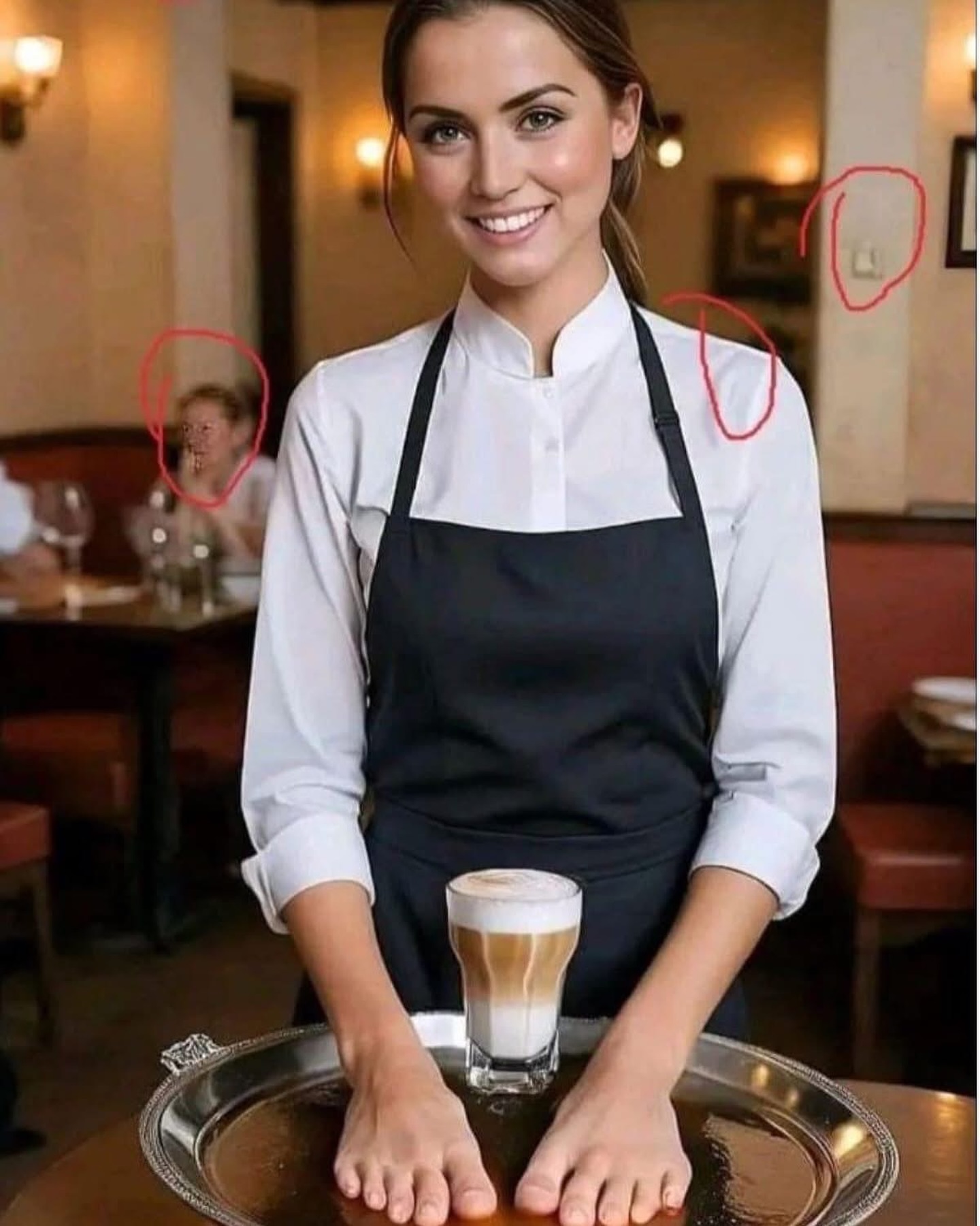 People often ask me how to know for sure if an image was created by artificial intelligence. So I marked in the attached photo (in the red circles) some clues that make me suspect that it’s a fabricated photo, although it’s not possible to say with absolute certainty in this case…