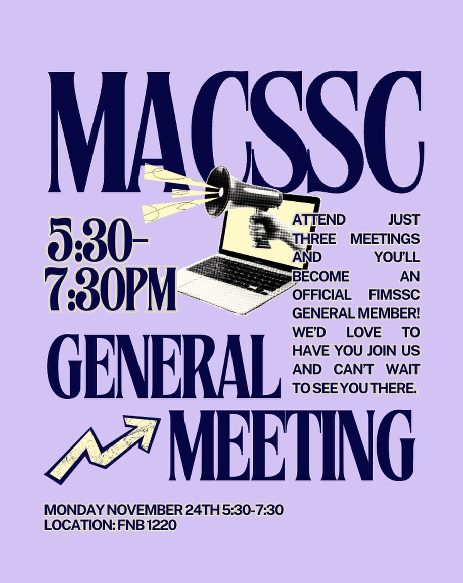 Join us for 4th general meeting on Monday November 24th, at 5:30 pm in FNB room 1220.
Stop by for free pizza and council information!
Can’t wait to everyone there!