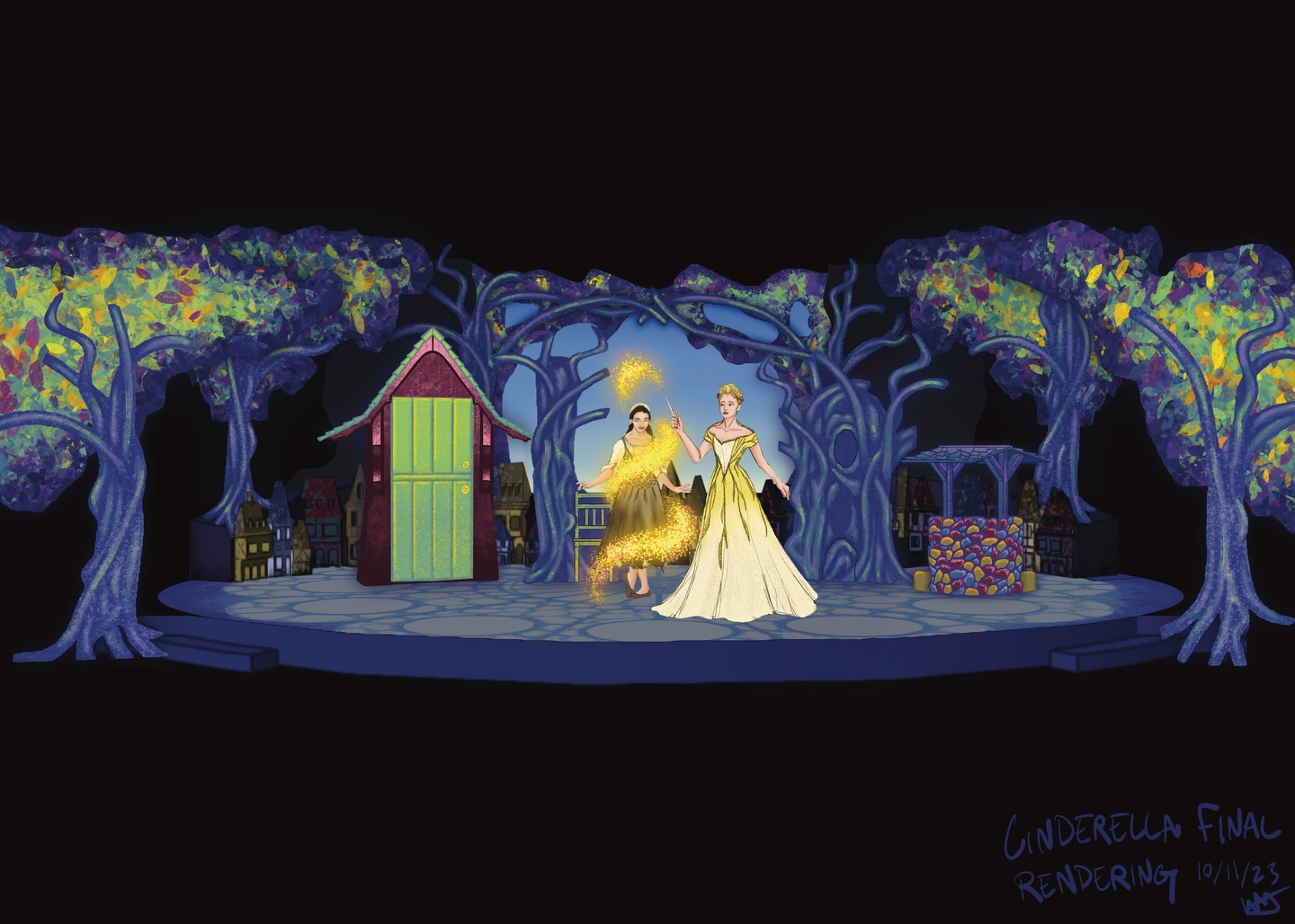 This week’s #throwbackthursday is for @sierrarep ‘s and @jerryleeca ‘s production of Rodgers and Hammerstein’s Cinderella! This beloved fairytale world came to life with gestural autumn trees in cool purples, blues, and greens which surrounded the miniature village that created the platforming and framed the main dance floor. Sierra Rep is a beautiful little theatre in the hills of Sonora California, and it’s been a pleasure to visit the last few years and to work with the lovely folks there (especially the kickass scenic team!!) 💜
#magpiedesign #scenicdesign #immersivedesign #puppetdesign #experientialart #spatialstorytelling #fabricationart #productiondesign #installationart #setdesign #artistsofinstagram #lasvegasart #theatredesign #designbuild