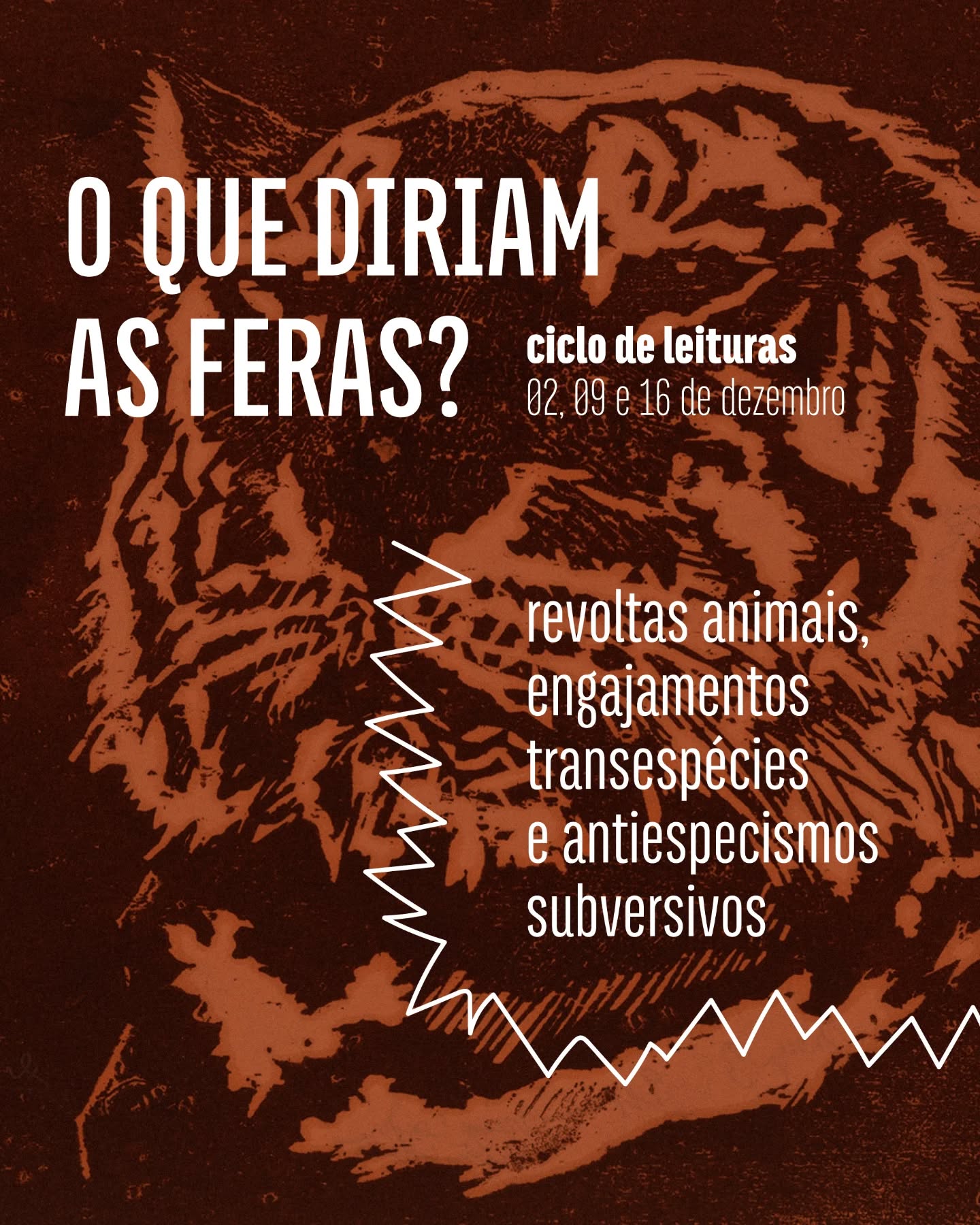 Encerrando o ano de 2025, o programa de estudos independentes em humusidades convida para um ciclo de leitura conduzido por @zoyanastassakis, organizado em três encontros dedicados a pensar-com:
1. revoltas animais
2. aproximações ferais e narrativas de antecipação
3. engajamentos transespécies e antiespecismos subversivos
Ao longo dos encontros, atravessamos as reflexões de Eduardo Kohn, Fahim Amir, Marina Davidson, Martina, Mica Peres, Nastassja Martin, Uirá Garcia e Vinciane Despret, buscando ressonâncias, tensões e aproximações entre seus trabalhos.
O ciclo abre espaço para experimentarmos, coletivamente, outros modos de insurgência e convivência com os mundos animais – modos que desloquem o humanismo, o racismo e o especismo, e que se alinhem aos gestos de resistência e revolta que proliferam nas bordas, nos rastros e nas aproximações ferais.
Voltado a quem se interessa por antropologias do mais-que-humano, artes experimentais, fabulações especulativas e estudos multiespécies, o ciclo não exige conhecimento prévio, apenas disposição para escutar, imaginar e compor outros modos de insurgência em companhia de mundos animais.
🗓️ 02, 09 e 16 de dezembro
🕓 das 17h às 19h30
📍 online
📚 inscrições pelo email humusidades@gmail.com
.
.
.
design por @isisdaou
#multiespécies #pensarcom #feralidades #antiespecismo #revoltaanimal #maisquehumano #ciclodeleituras