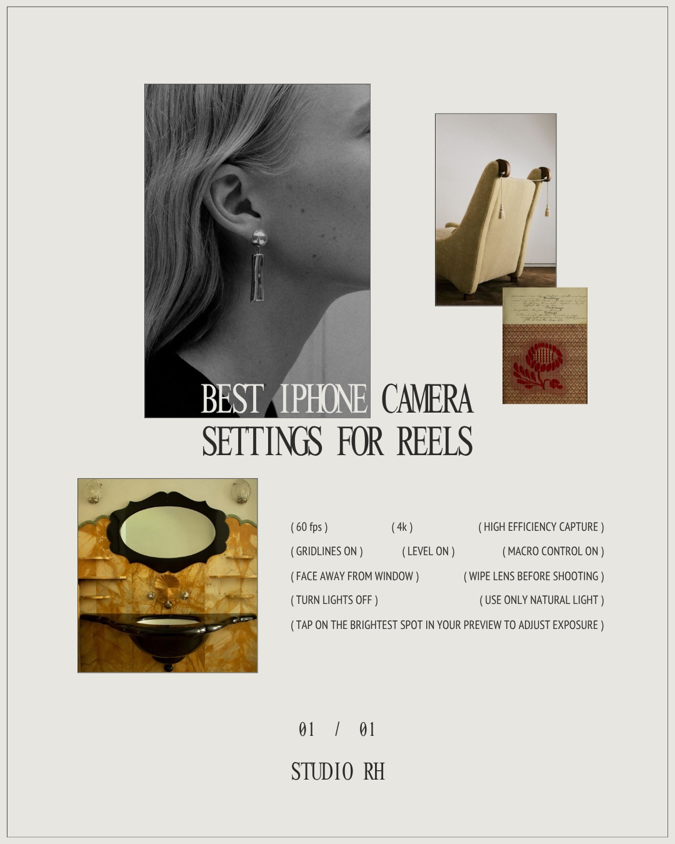 we coach our social media management clients on how to film the best content for their socials all the time. we’re sharing our go-to settings + more essential tips for the days your content gal isn’t there with you! ( p.s. these settings as well as a little bit of our creative magic have helped us shoot iphone video better than some professional videographers )
extra tip from RH: i LOVE playing around with cinematic video on an iphone for vignette shots. what i do is stand further away from the vignette i’m filming, use the x2 zoom in cinematic mode and slowly draw a circle with my wrists + phone. this creates the most soft, dreamy vignette shots 🤍
// we currently use the iphone 17 pro max, but our 13 pro served us for years and produced fantastic results //
——
studio rh is a digital marketing agency specializing in social media management, web design, branding and seasonal architectural photography services. we work with interior designers, custom home builders, architects, photographers and lifestyle brands in new york city, newport beach, toronto and beyond.
#studiorh #thestudiorh #studioreginahalonen #socialmediamanagementagency