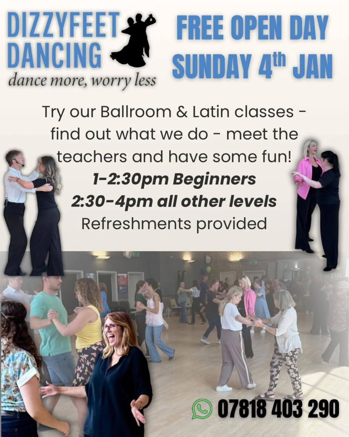 January is coming around quick and soon it will be time for our next Open Day! 💃🎶
We are excited to invite you to try our Ballroom & Latin classes designed to get you moving and have some fun!
Meet our team of teachers and make new friends along the way 😄
Sunday, 4th January 2026
At our Fareham studio
24/7 Fitness
Downend Road PO16 8TS
1:00-2:30pm Absolute Beginners
2:30-4:00pm all other levels
Refreshments provided ☕️
To book your place visit www.dizzyfeet.com/events
You can WhatsApp/text/call us on 07818 403 290 for any questions.
We look forward to welcoming you to a new hobby to change your life in 2026! 💃🕺🪩🎆🎇